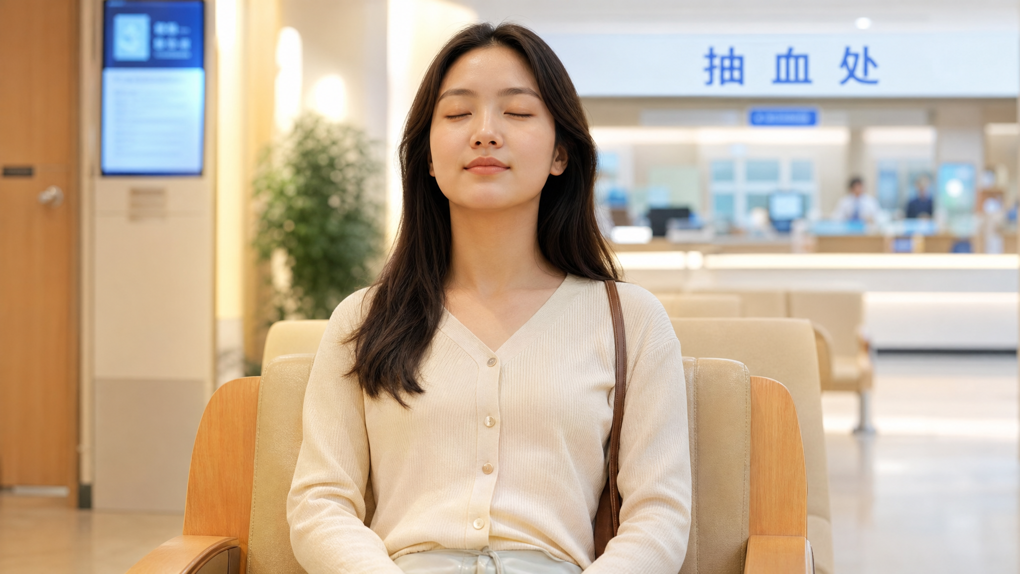A young Chinese woman sitting peacefully in a comfortable hospital waiting area, eyes gently closed, taking deep breaths and relaxing before a blood test. Warm and calming lighting, clean modern clinic background, photorealistic, soft focus, highly detailed, 8k.