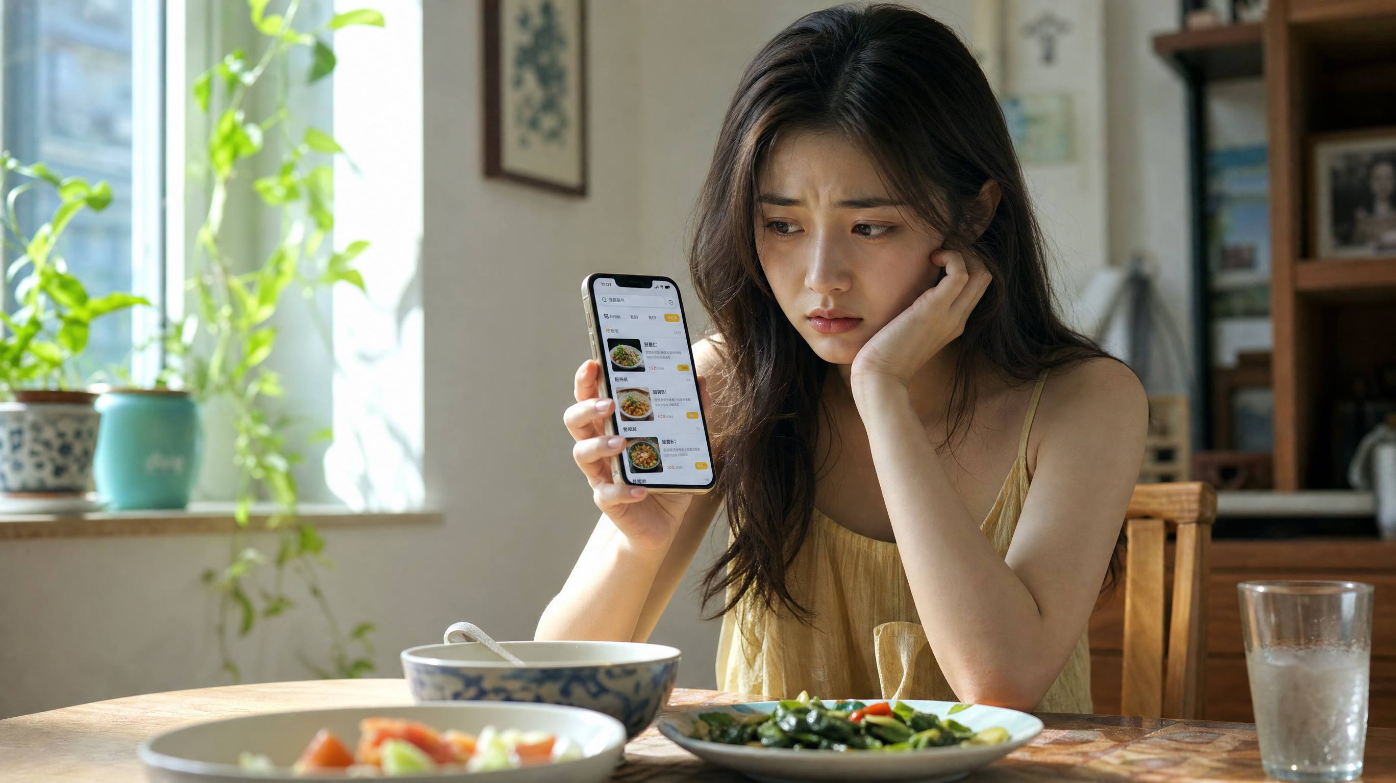 A beautiful young Chinese woman sitting at a dining table in summer, looking slightly distressed and lacking appetite, with a smartphone in her hand showing food delivery apps. Bright indoor lighting, soft natural light from the window, realistic, cinematic, high detail, 8k --ar 3:4