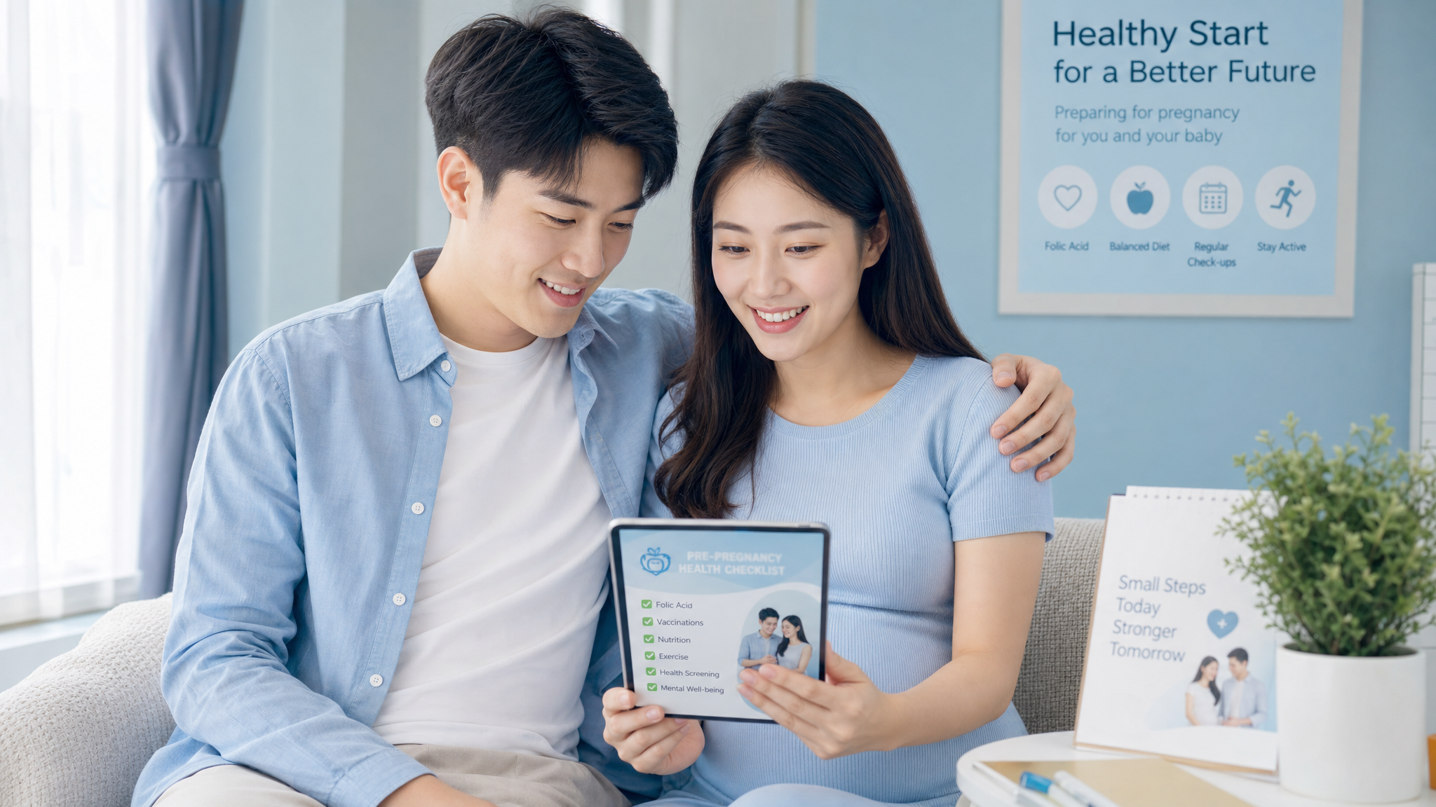 A warm and professional lifestyle photo of a young Chinese couple sitting together in a bright, clean room, smiling and looking at a health checklist on a tablet. The man has his arm around the woman's shoulder, showing support. Bright and airy lighting, pastel blue and white tones, medical health and pregnancy preparation concept, photorealistic, cinematic lighting, highly detailed. --ar 3:4