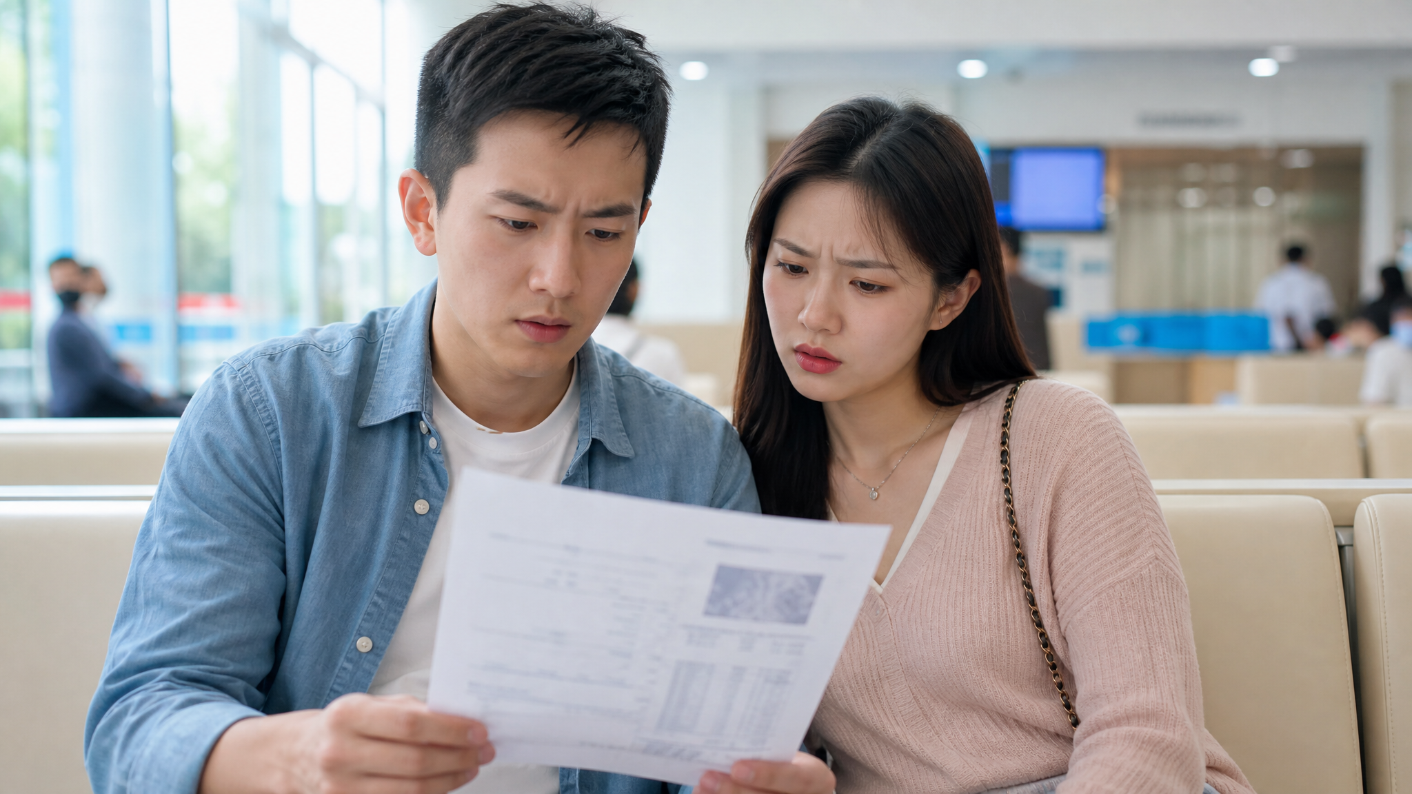 A young Chinese couple looking at a medical report with confused and slightly frustrated expressions, sitting in a bright, modern clinic waiting area. High quality, soft natural lighting, realistic photography, cinematic, 8k resolution.