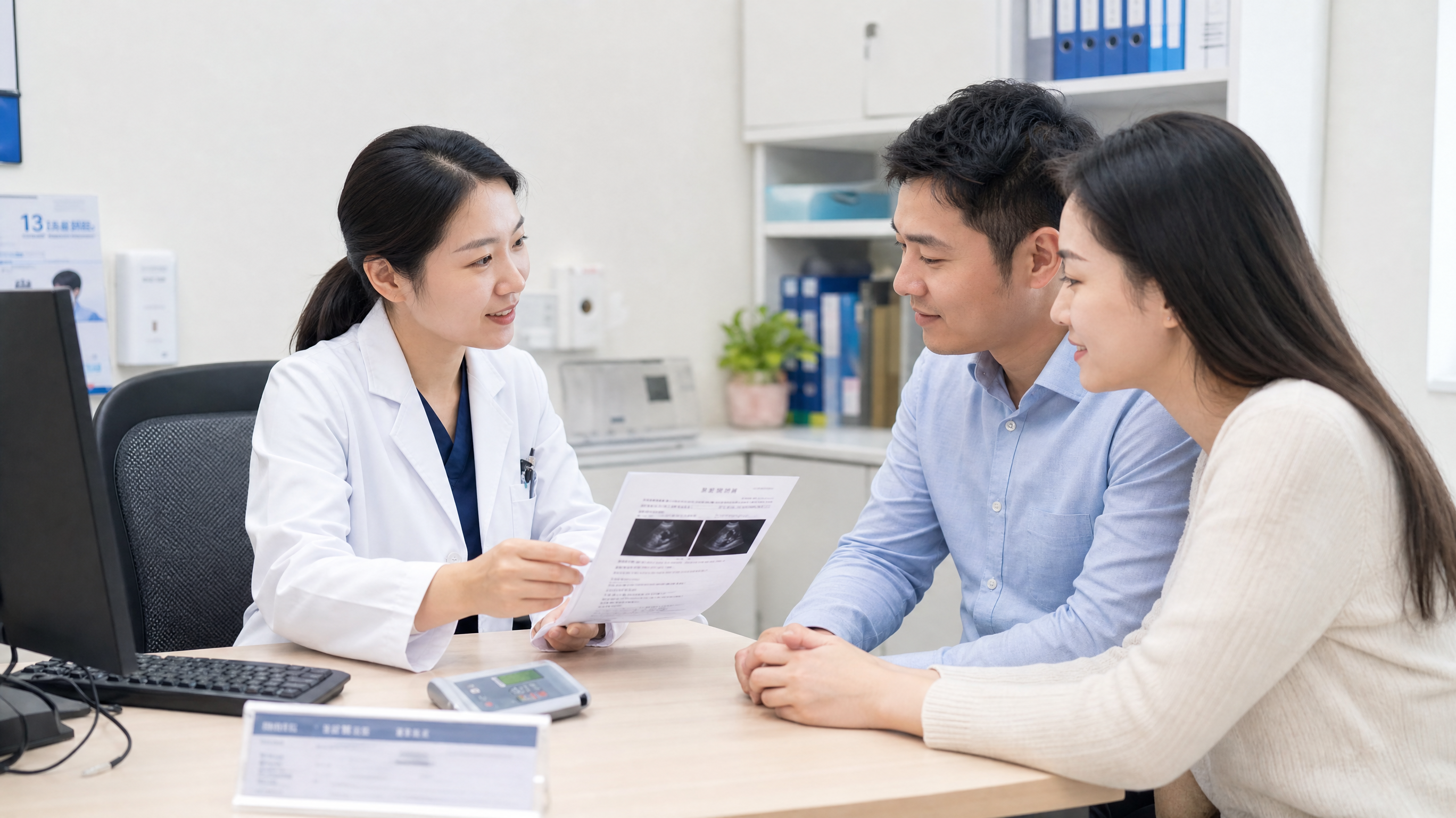 A professional Chinese female doctor in a white coat sitting at a desk, kindly explaining a medical report to a young Chinese couple. Bright clinic lighting, reassuring atmosphere, realistic photography, highly detailed, professional medical setting.