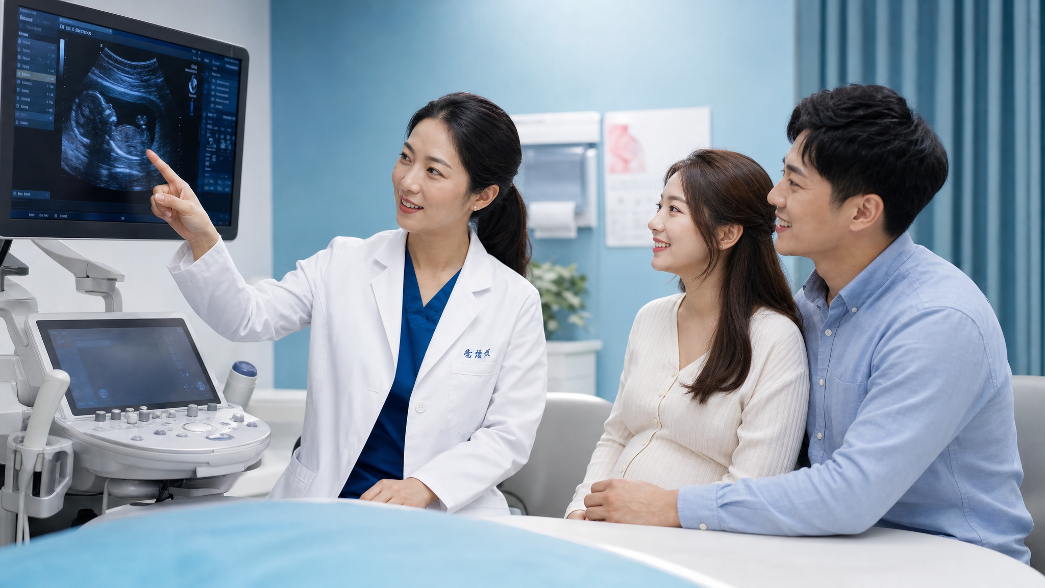 A professional Chinese female obstetrician in a white coat kindly explaining the ultrasound screen to a young Chinese expectant couple in a modern clinic. The doctor is pointing at the screen, the couple looks relieved and happy. Professional clinical lighting, calming blue and grey tones, realistic photography, highly detailed, 8k. --ar 4:3