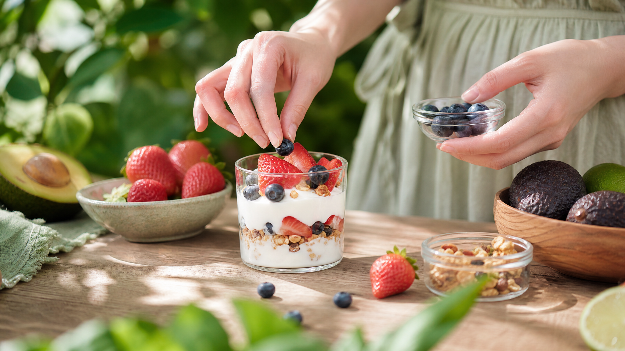 A bright and fresh food photography shot. A pair of beautiful Chinese female hands making a healthy summer dessert on a clean wooden table. She is adding fresh blueberries and strawberries into a glass cup filled with thick Greek yogurt. Bright summer sunlight filtering through leaves, creating dappled shadows. Fresh green avocado color palette, highly detailed, photorealistic, appetizing, Midjourney v6. --ar 3:4
