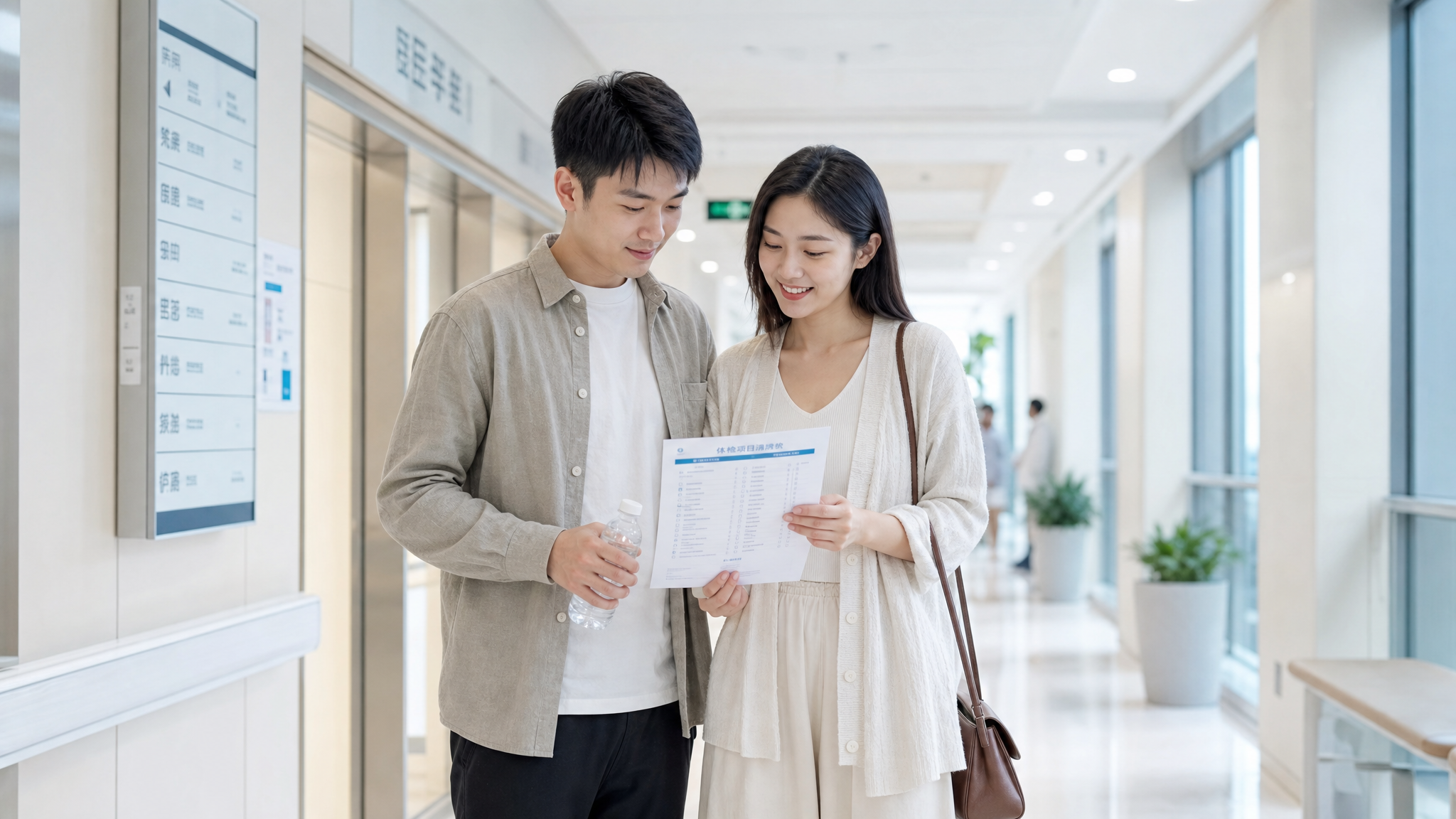 A young Chinese couple in a bright, modern hospital corridor, holding a medical checklist. The husband is holding a water bottle, the wife is smiling. Clean and professional medical environment, bright natural light coming from windows, realistic photography, ultra-detailed, 8k.