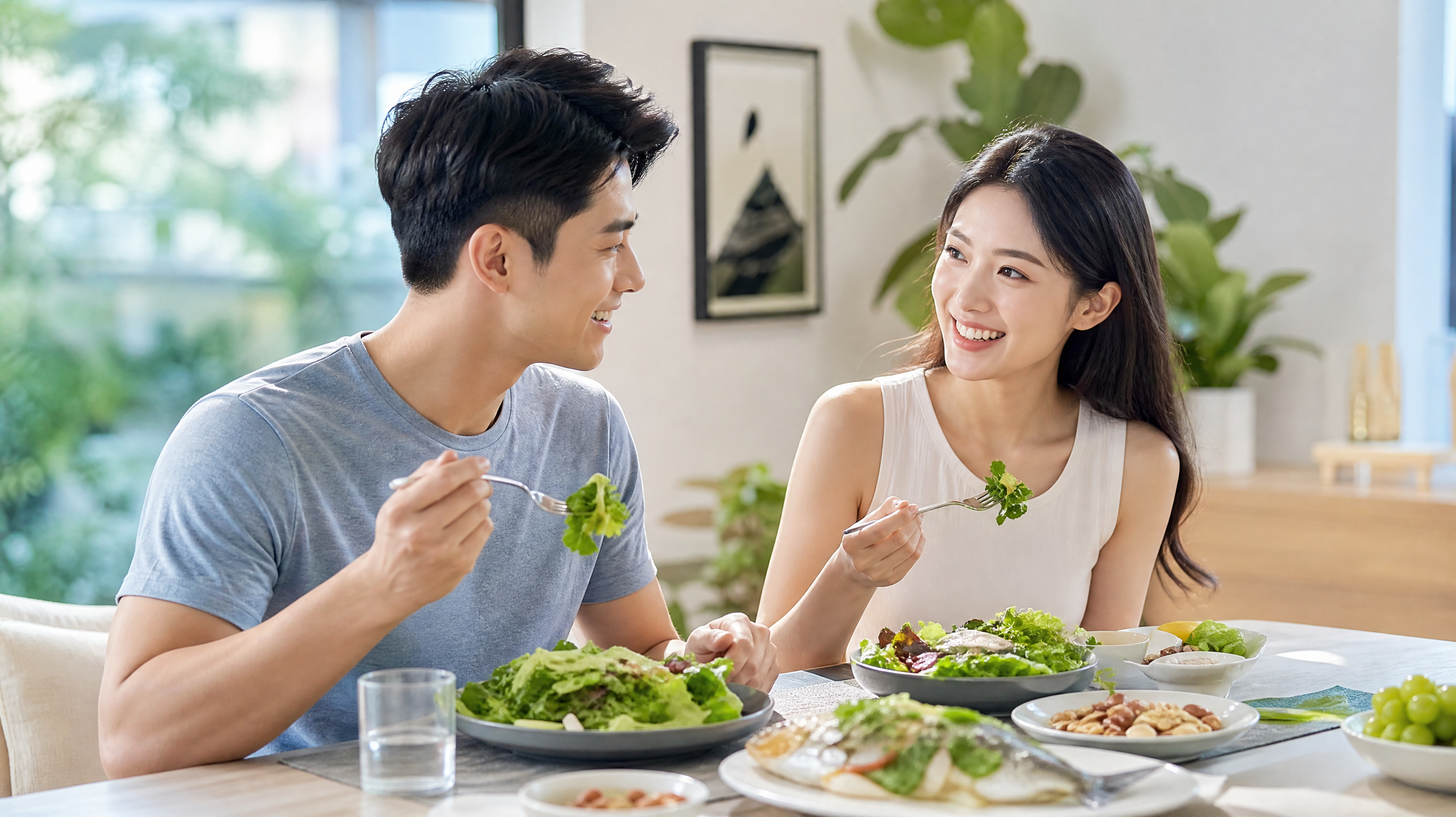 A bright and fresh lifestyle photo of an attractive young Chinese couple sitting in a modern, sunlit dining room. They are happily eating a very healthy, light meal consisting of fresh green salads, steamed fish, and nuts. The man looks energetic and refreshed. Soft natural sunlight streaming through the window, bright and airy color palette, high resolution, commercial photography style, Midjourney v6.