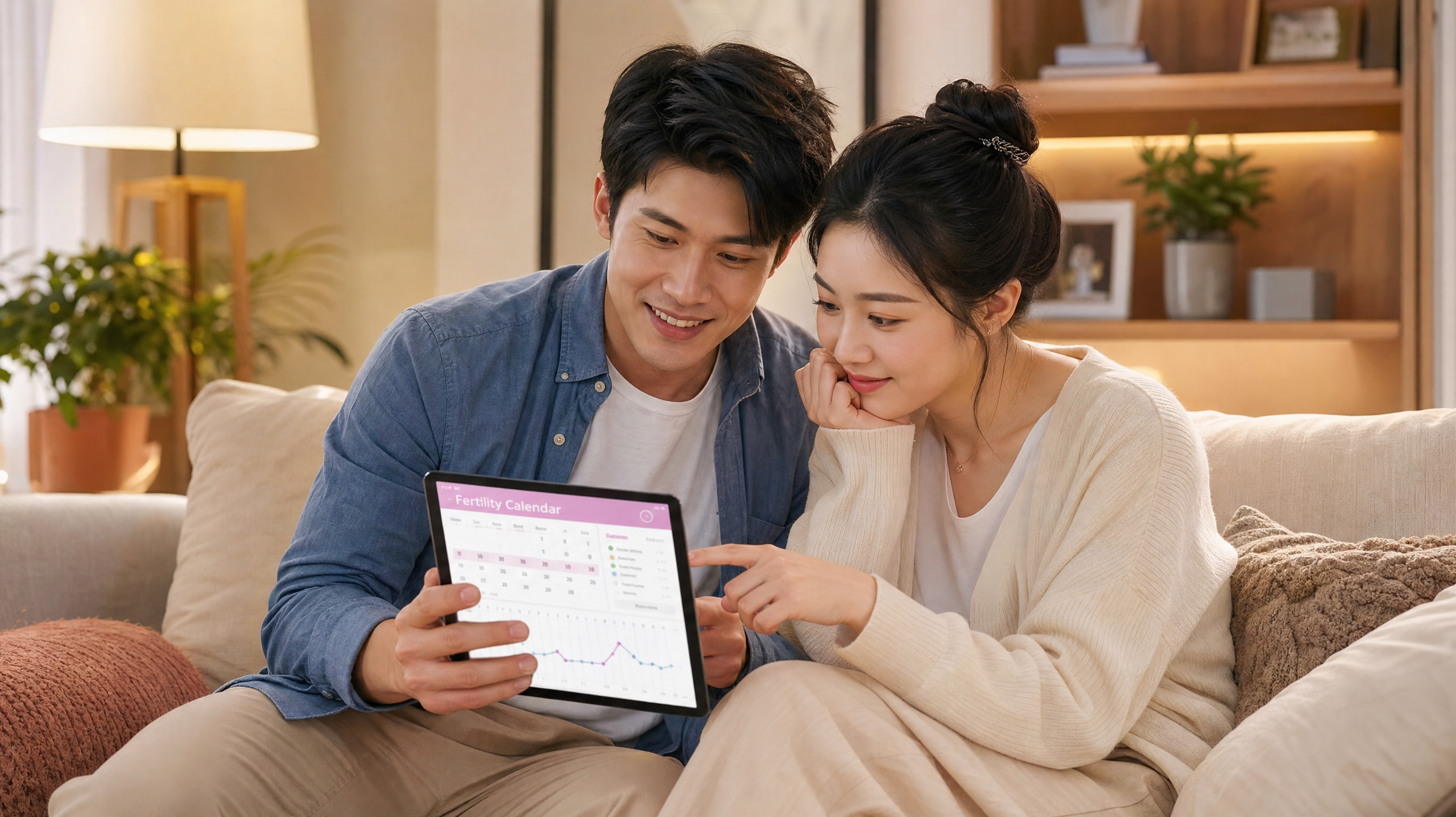 A young attractive Chinese couple sitting comfortably on a cozy living room sofa, smiling and looking at a fertility tracking calendar on an iPad together. They look relaxed, happy, and stress-free. Bright and warm indoor lighting, modern home decor. Cinematic lighting, highly detailed, photorealistic, shot on 35mm lens, 8k resolution.