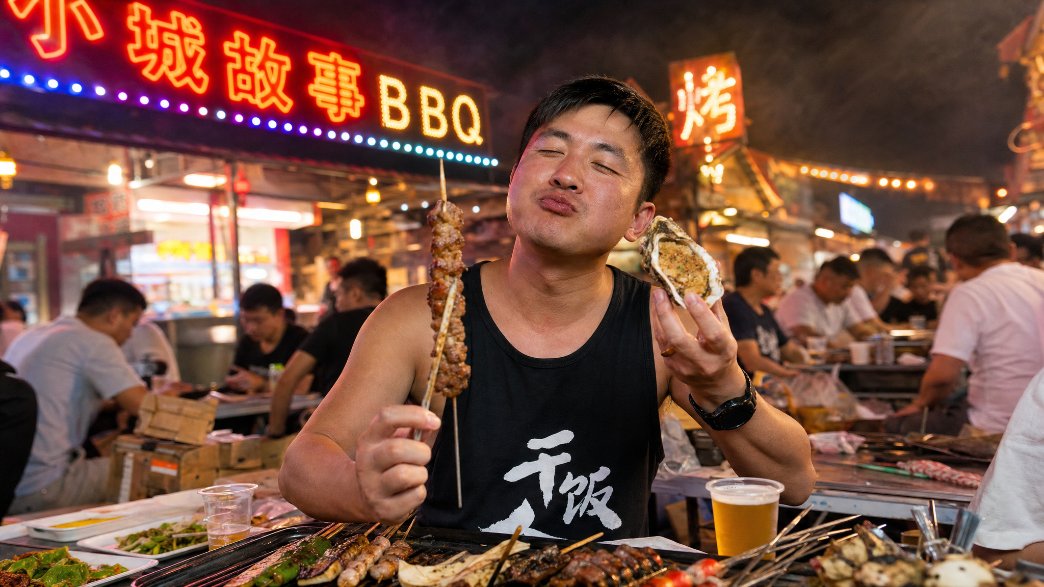 A realistic photography of a Chinese husband at a crowded summer night market BBQ stall, holding a skewer of grilled meat in one hand and a grilled oyster in the other, looking overly confident and slightly flushed from the heat and beer. Cinematic lighting, neon signs in the background, humorous and relatable atmosphere, high resolution, 8k.