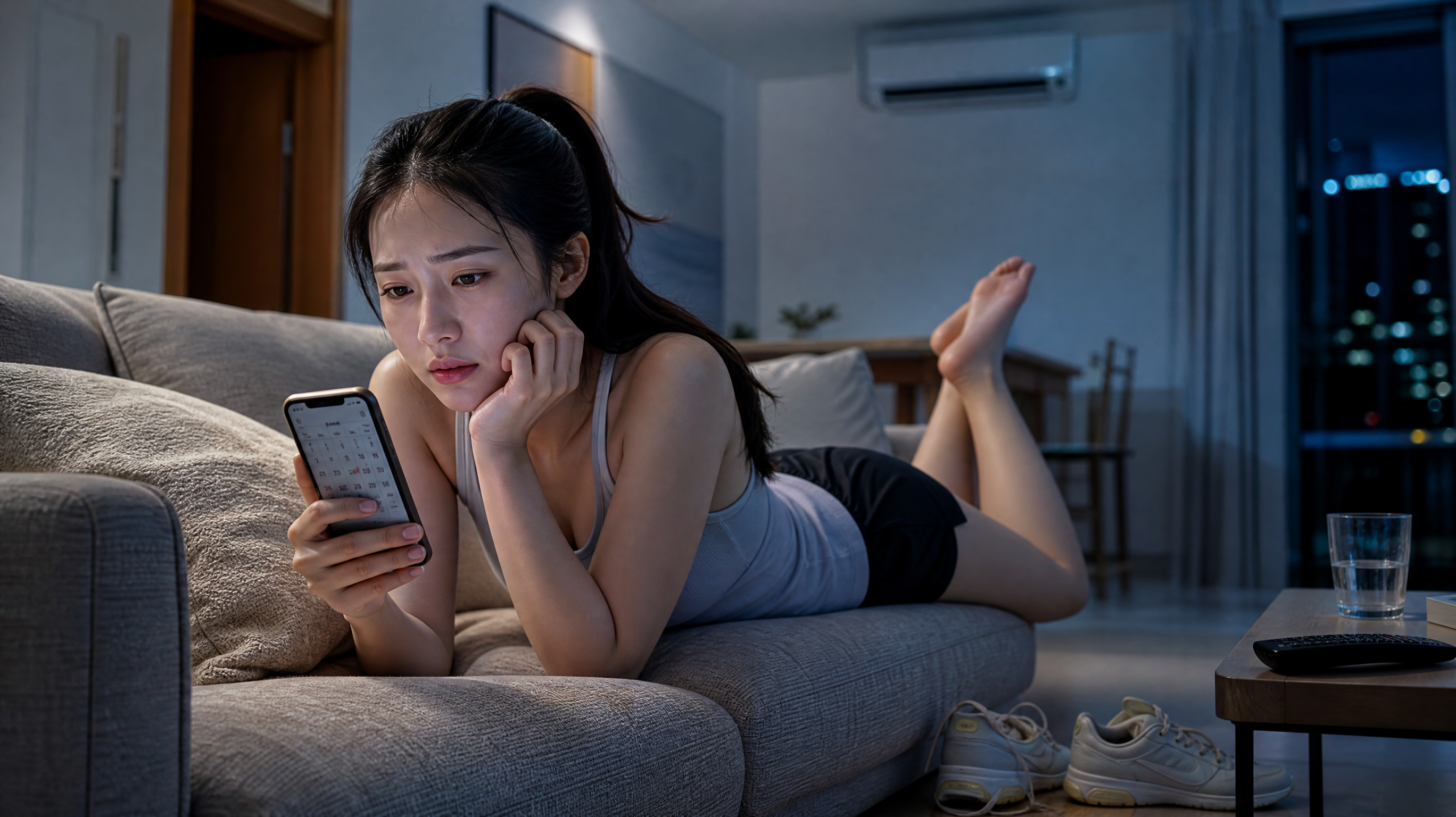 A young Chinese woman lying on a cozy sofa in a modern air-conditioned living room on a summer night, looking slightly anxious while looking at a calendar on her phone. A pair of unused running shoes is on the floor nearby. Soft cool indoor lighting, cinematic lighting, realistic photography, 8k resolution, highly detailed. --ar 3:4