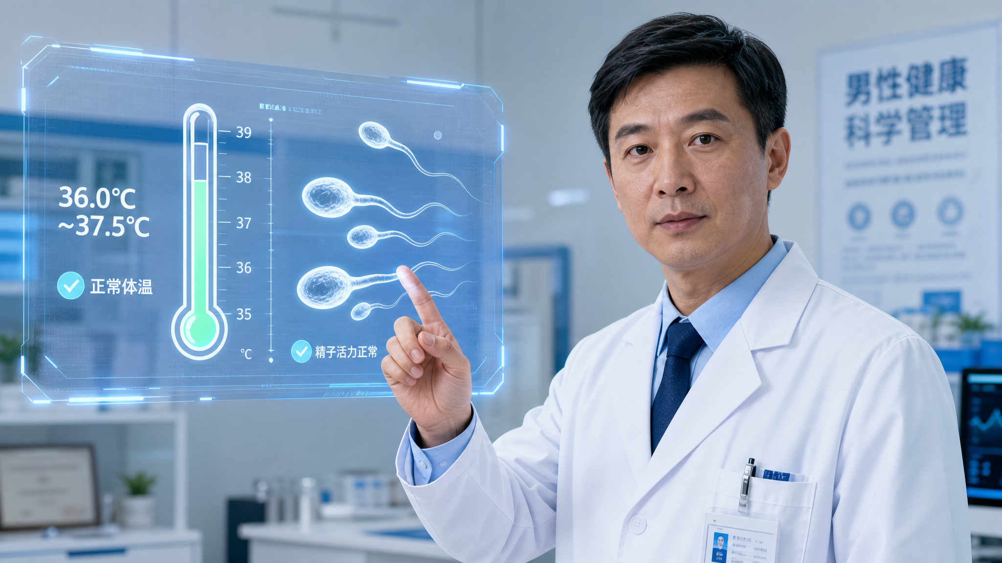 A professional Chinese male doctor in a white coat standing in a modern clinic, pointing gently at a floating holographic illustration of a thermometer showing normal temperature next to healthy sperm cells. Serious but caring expression. Clean medical lighting, blue and white clinical tones, highly detailed facial features, 8k resolution, photorealistic, cinematic depth of field.
