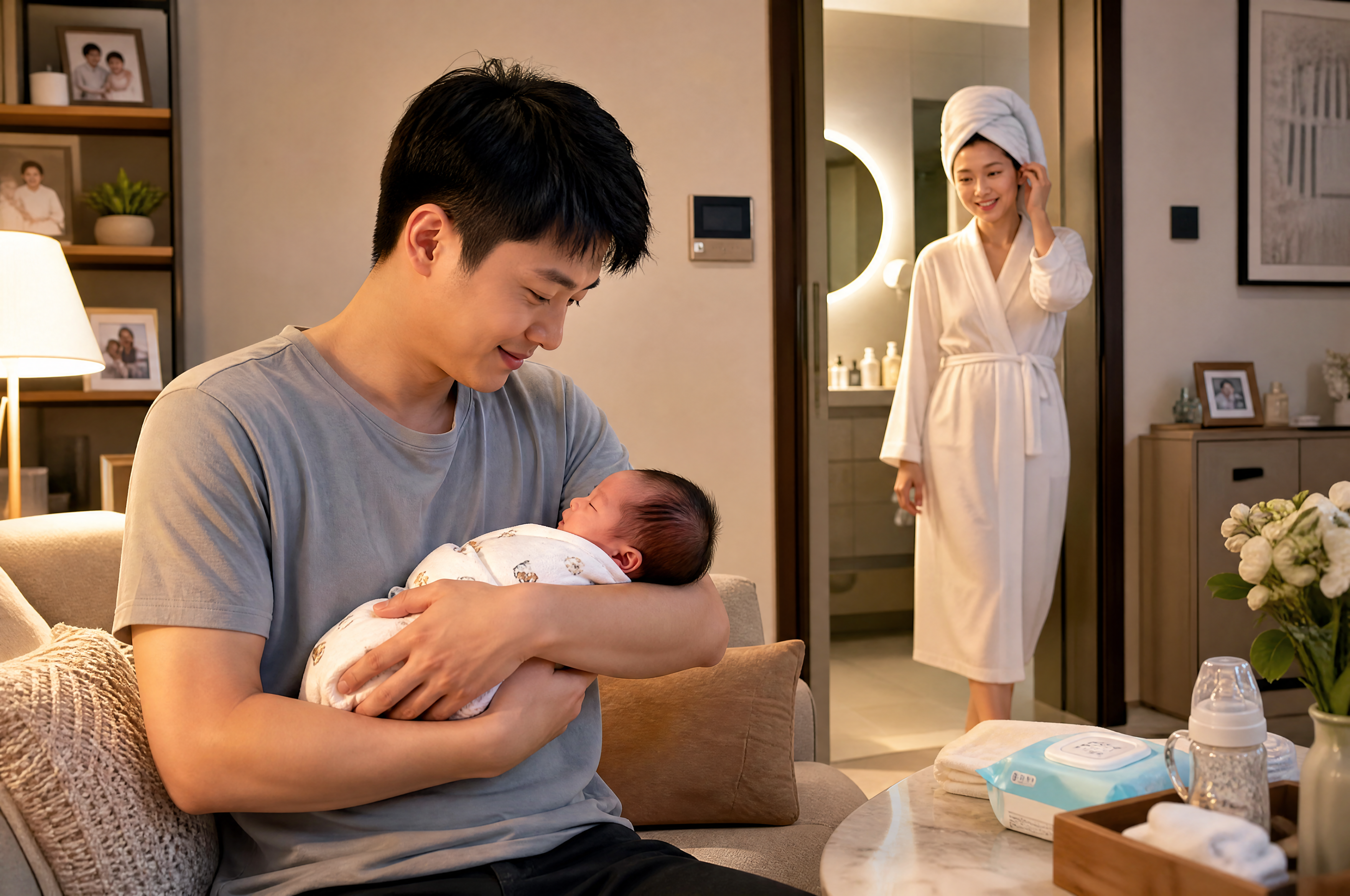 A heartwarming scene in a modern Chinese home. A young Chinese father is gently holding and rocking a newborn baby in the living room, while the mother is seen in the background walking out of the bathroom looking refreshed and relaxed. Soft cinematic lighting, warm and loving atmosphere, high detail, 8k.