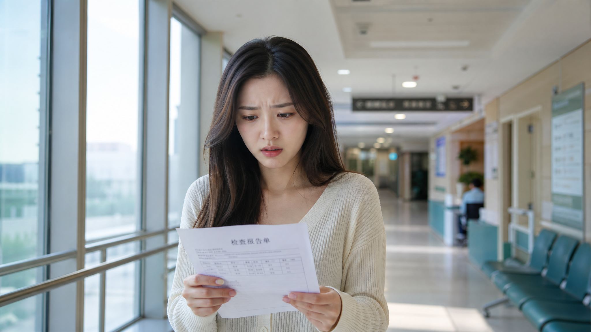 A young Chinese woman standing in a bright modern hospital corridor, looking anxious and confused while holding a medical report in her hands. Soft natural light coming from the window, realistic photography, 8k resolution, cinematic lighting, highly detailed.