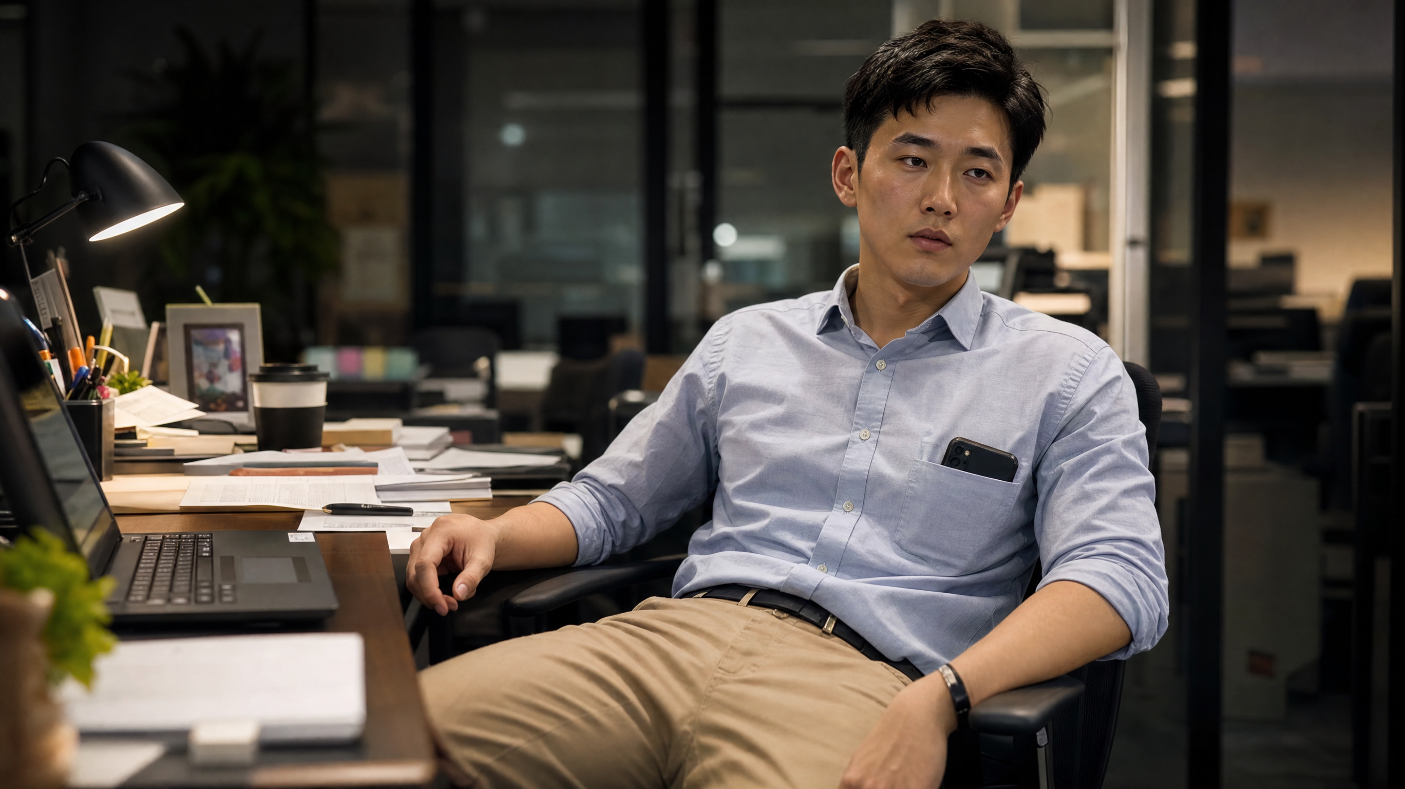 A photorealistic image of a young Chinese man sitting at an office desk for a long time, looking slightly tired, wearing business casual clothes, a smartphone in his front pocket. Warm indoor lighting, high quality, 8k resolution, shot on 35mm lens, cinematic lighting, highly detailed. --ar 3:4