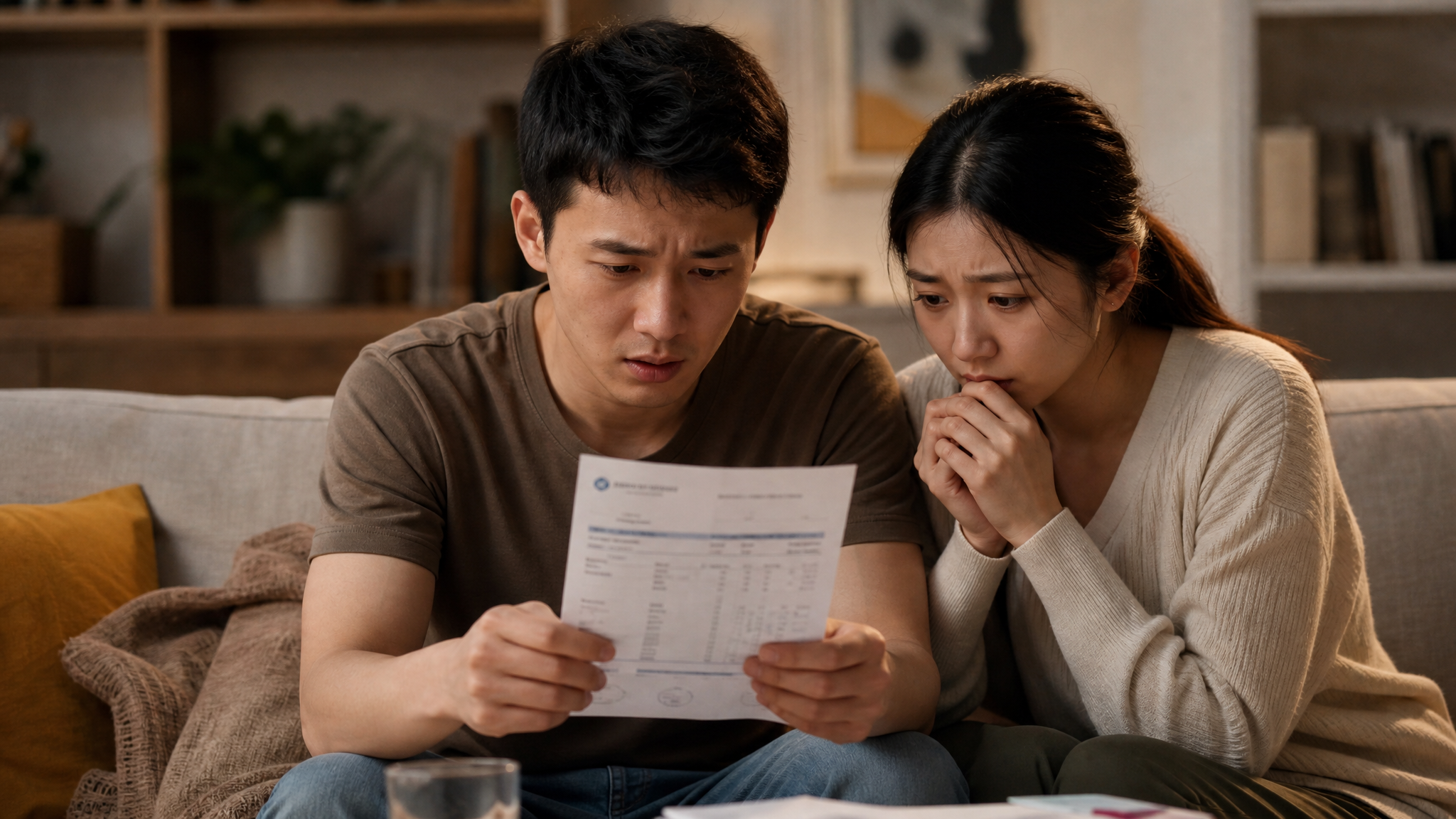 A young Chinese couple sitting on a cozy living room sofa, looking anxiously at a medical report in the husband's hand. Warm indoor lighting, cinematic composition, realistic photography, 8k resolution, highly detailed. --ar 3:4