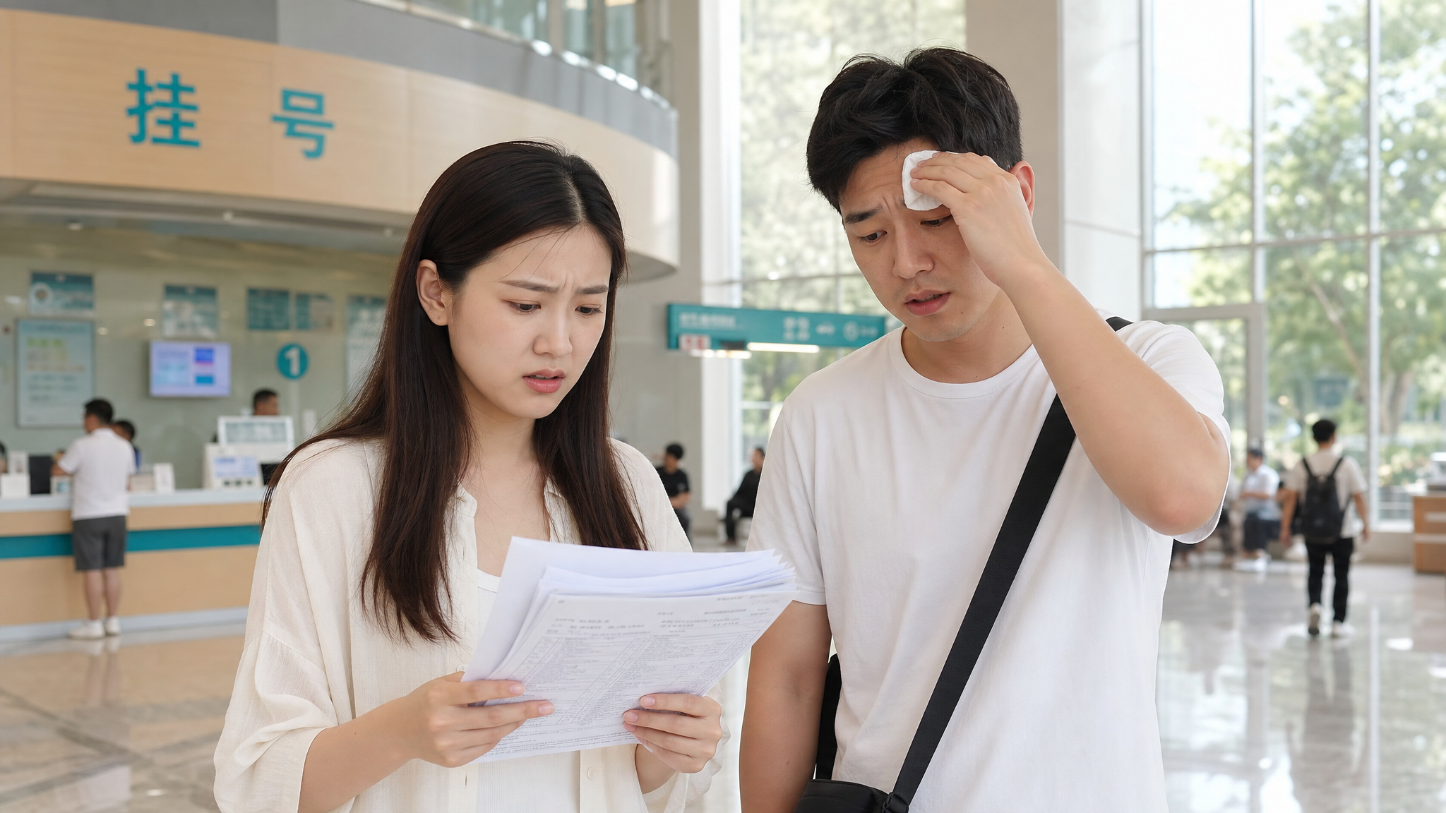 A young Chinese couple in a bright hospital lobby during summer. The wife is holding a stack of medical test forms, looking slightly anxious and frustrated. The husband is standing next to her, wiping sweat from his forehead. Bright scene, realistic photography style, soft indoor lighting, high resolution, 8k.