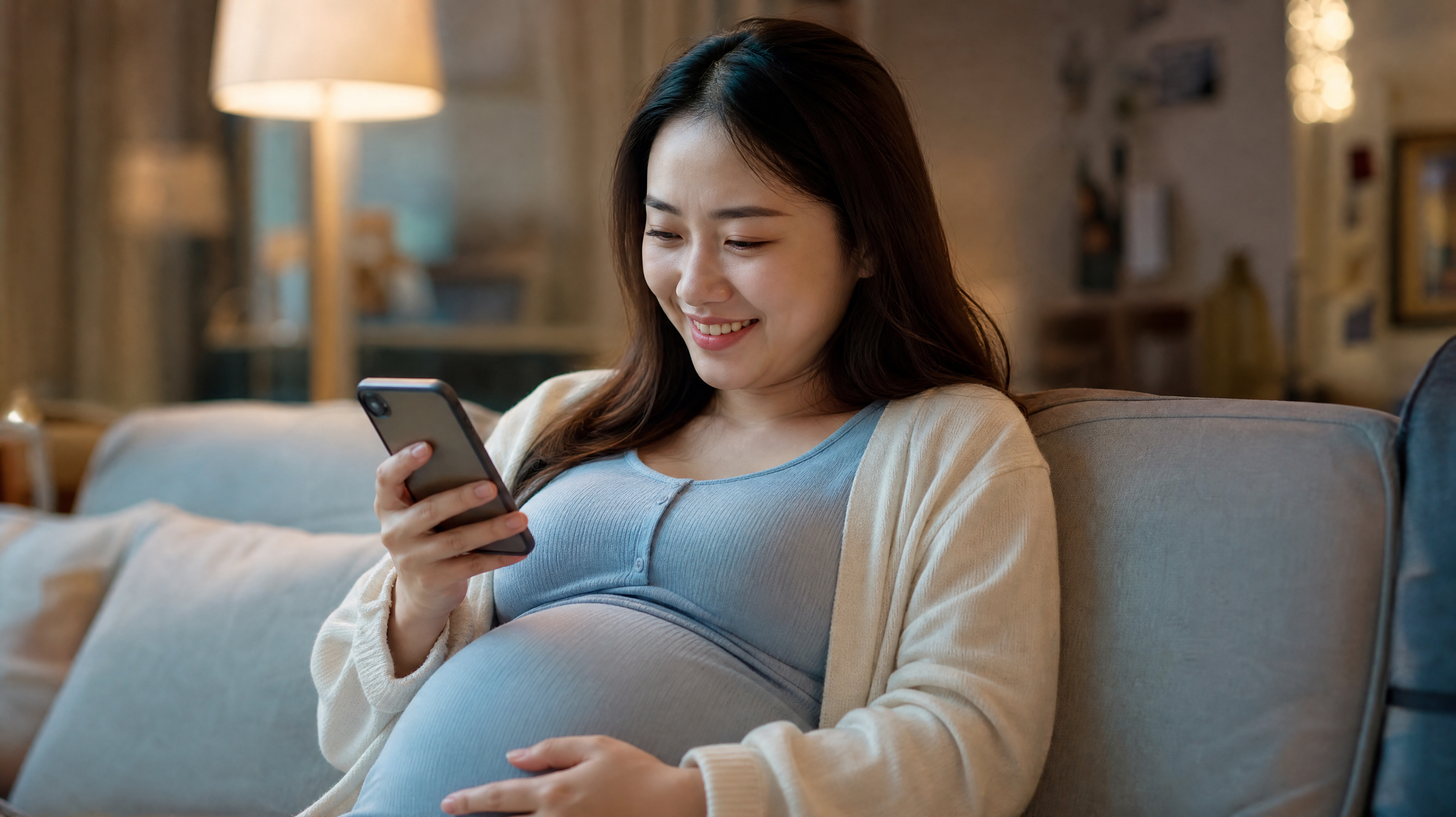 A high-quality, realistic photo of a young Chinese pregnant woman sitting on a cozy sofa, looking at her smartphone. She has a helpless but amused smile on her face, as if reading something funny and slightly ridiculous. Warm indoor lighting, soft pastel colors, cinematic lighting, highly detailed, 8k resolution, shot on 35mm lens. --ar 3:4