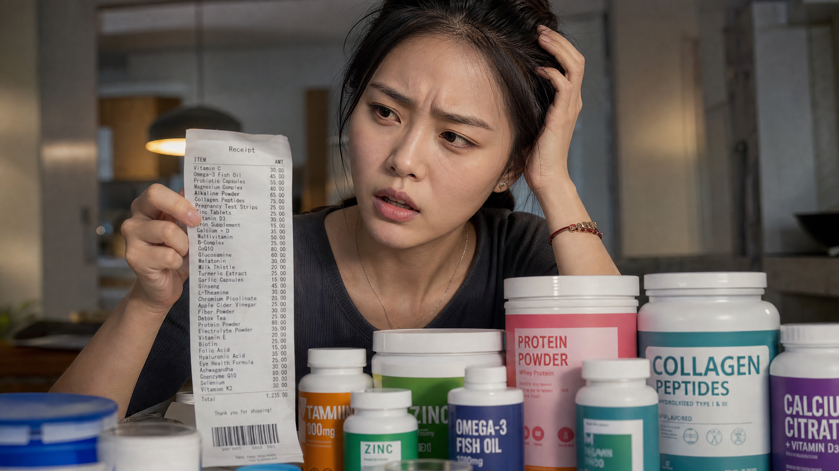 A hyper-realistic close-up of a young Chinese woman looking confused and stressed while holding a long, exaggerated shopping receipt filled with items like 