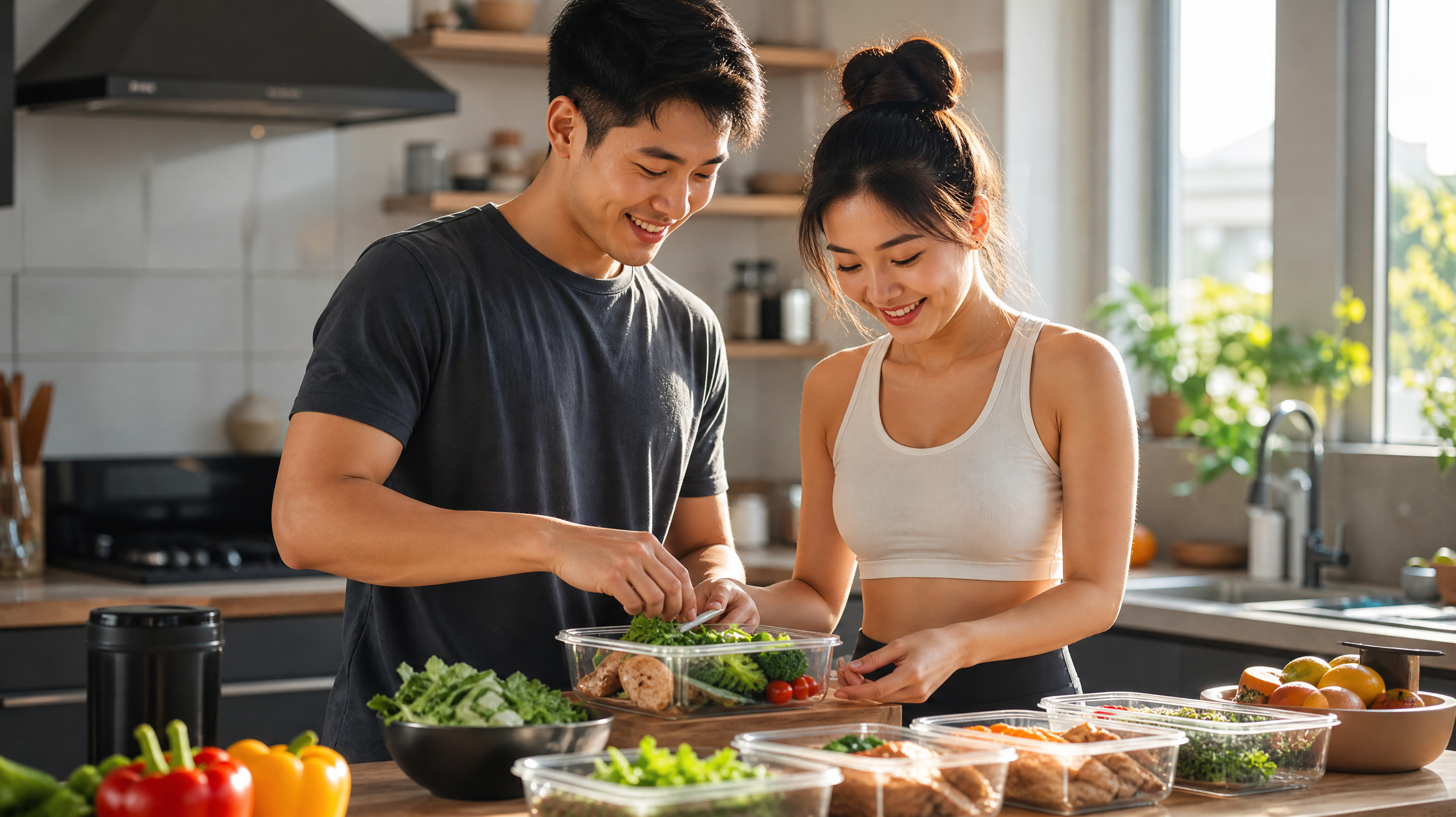 A young Chinese couple happily preparing meals together in a modern, bright kitchen. They are packing fresh vegetables and proteins into transparent meal prep containers. Warm and loving atmosphere, soft sunlight, highly detailed, realistic, cinematic lighting, 8k --ar 3:4
