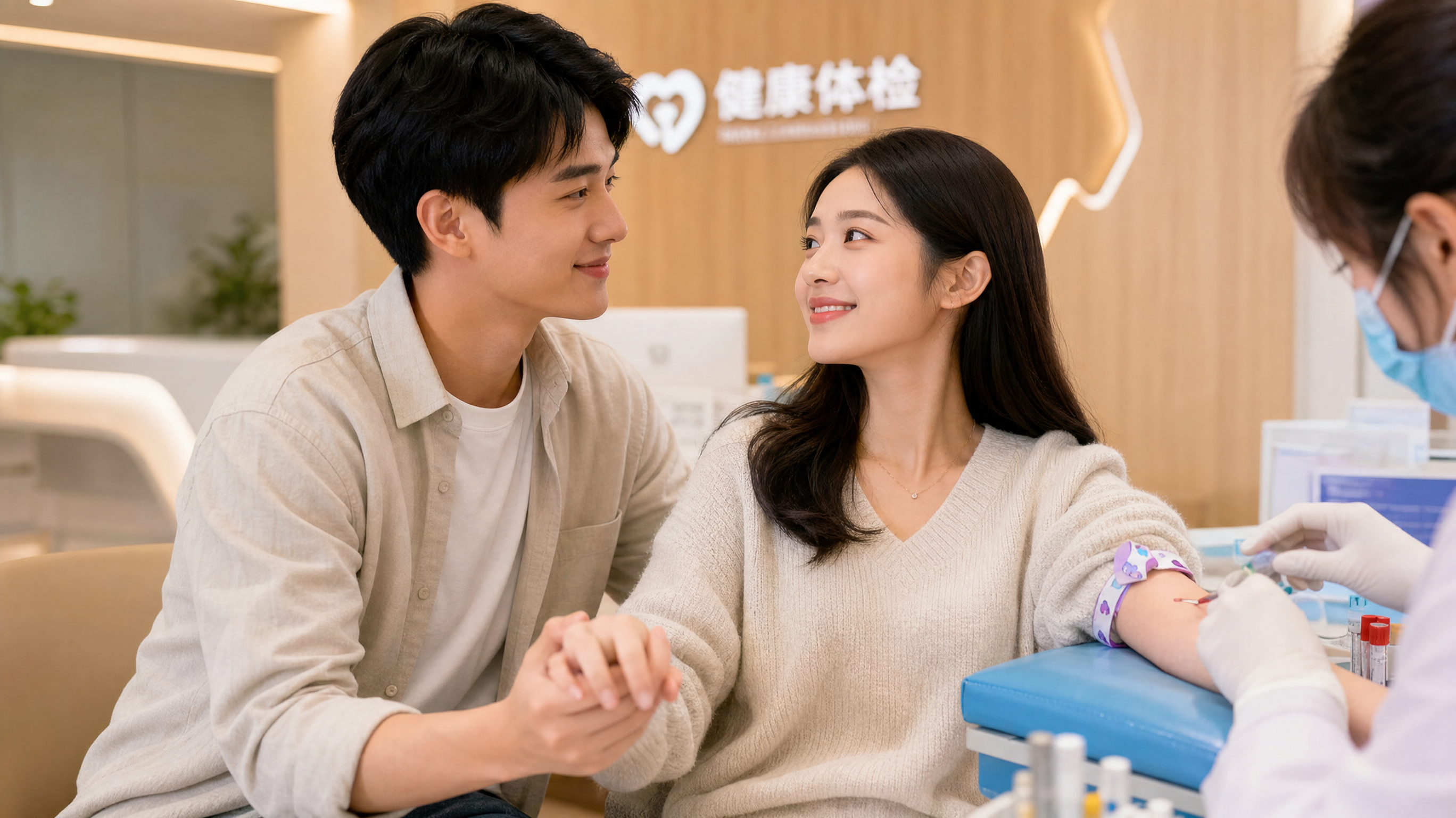 A warm and reassuring scene of a young, loving Chinese couple in a bright, clean clinic. The husband is gently holding his wife's hand while she gets her blood drawn by a nurse (nurse partially visible). They are smiling at each other. Soft, comforting ambient lighting, medical setting but not sterile, high quality, photorealistic, 8k resolution. --ar 4:3 --v 6.0