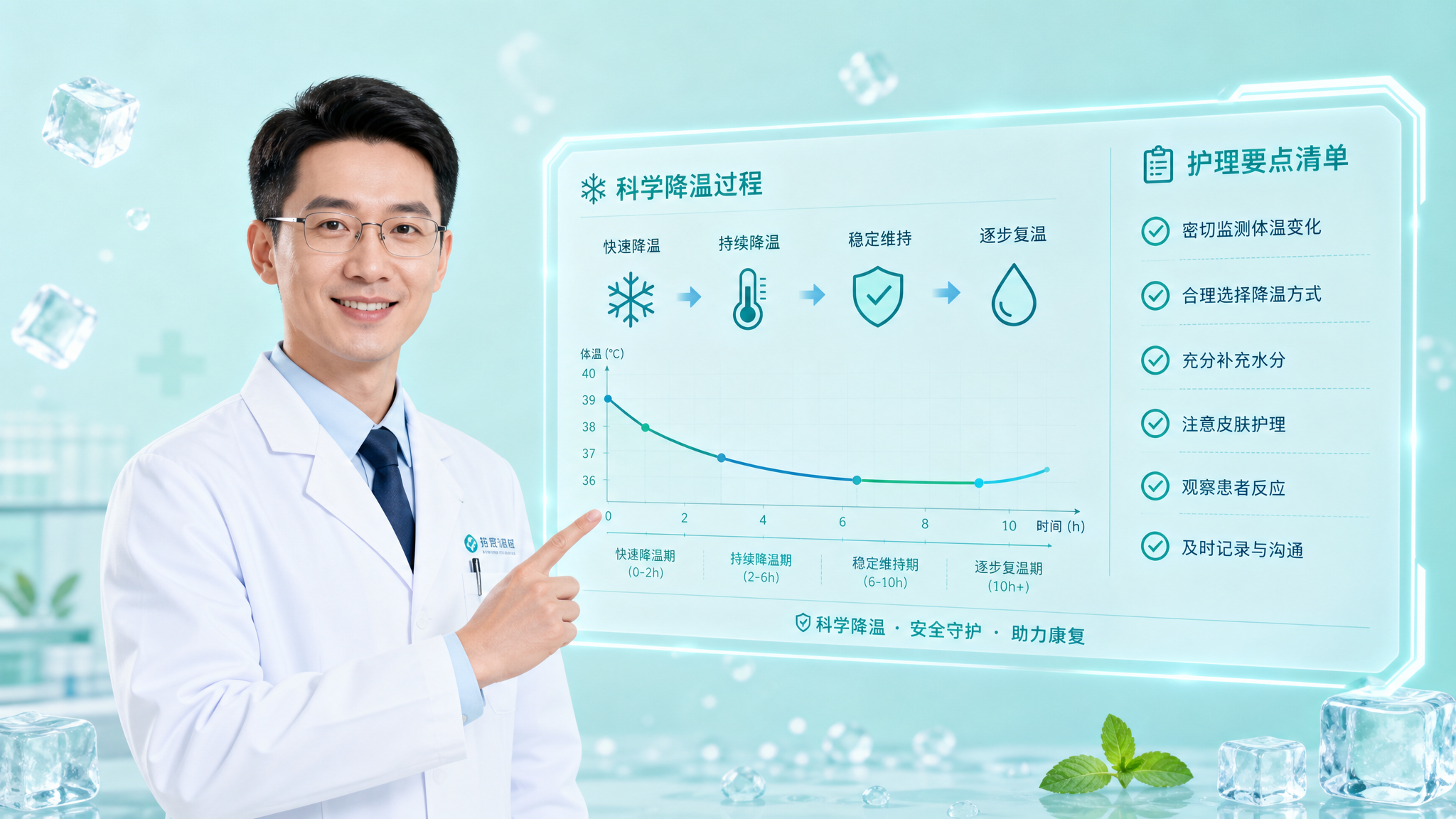 A professional Chinese male doctor in a white coat, smiling and pointing at a floating holographic chart showing a cooling process and a checklist. The background is a refreshing mint blue color with subtle ice cube elements. Clean and modern medical style, soft studio lighting, high quality, 8k. --ar 3:4