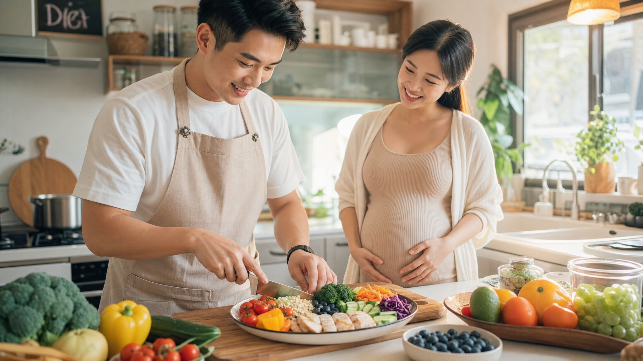 A loving young Chinese husband in a bright modern kitchen, happily preparing a healthy 