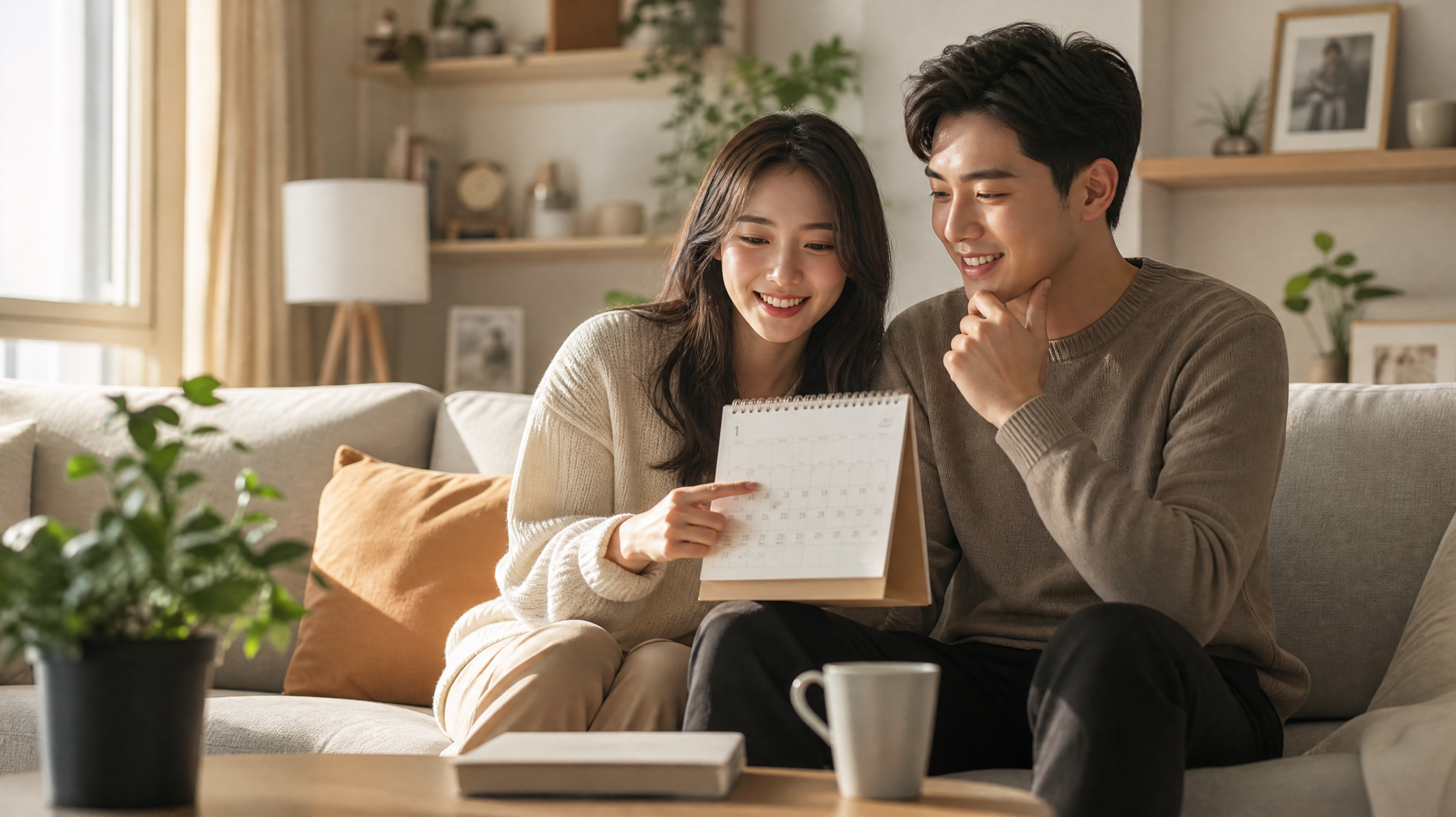 A warm, cozy lifestyle photography shot of a young, attractive Chinese couple sitting on a modern living room sofa. They are smiling happily and looking at a cute desk calendar together, planning their schedule. Relaxed atmosphere, natural sunlight streaming through the window, soft cinematic lighting, high resolution, 8k, photorealistic. --ar 4:3