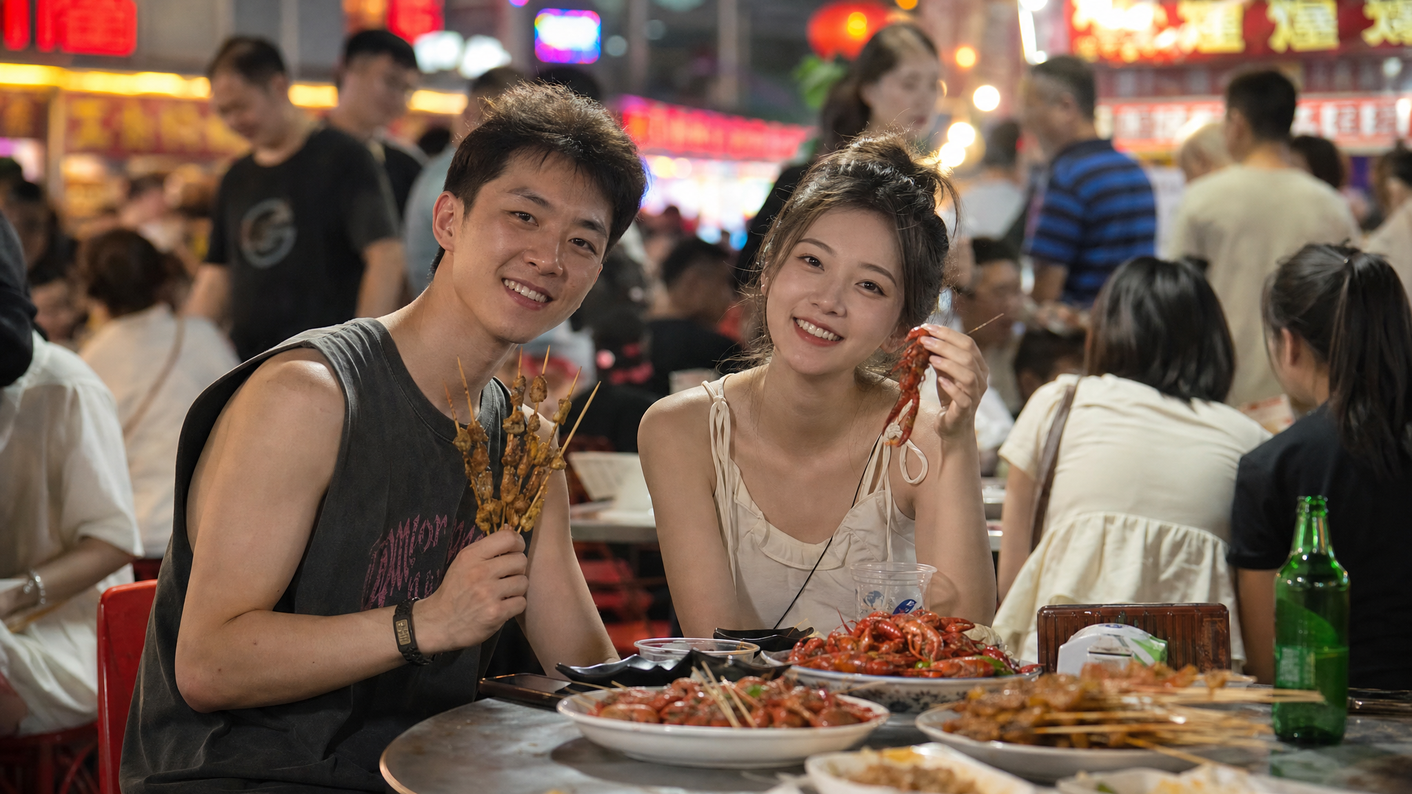 A photorealistic image of a young Chinese couple sitting at a bustling summer night market table, smiling and enjoying skewers and crawfish. Warm street lights, lively atmosphere, cinematic lighting, high resolution, shot on 85mm lens.