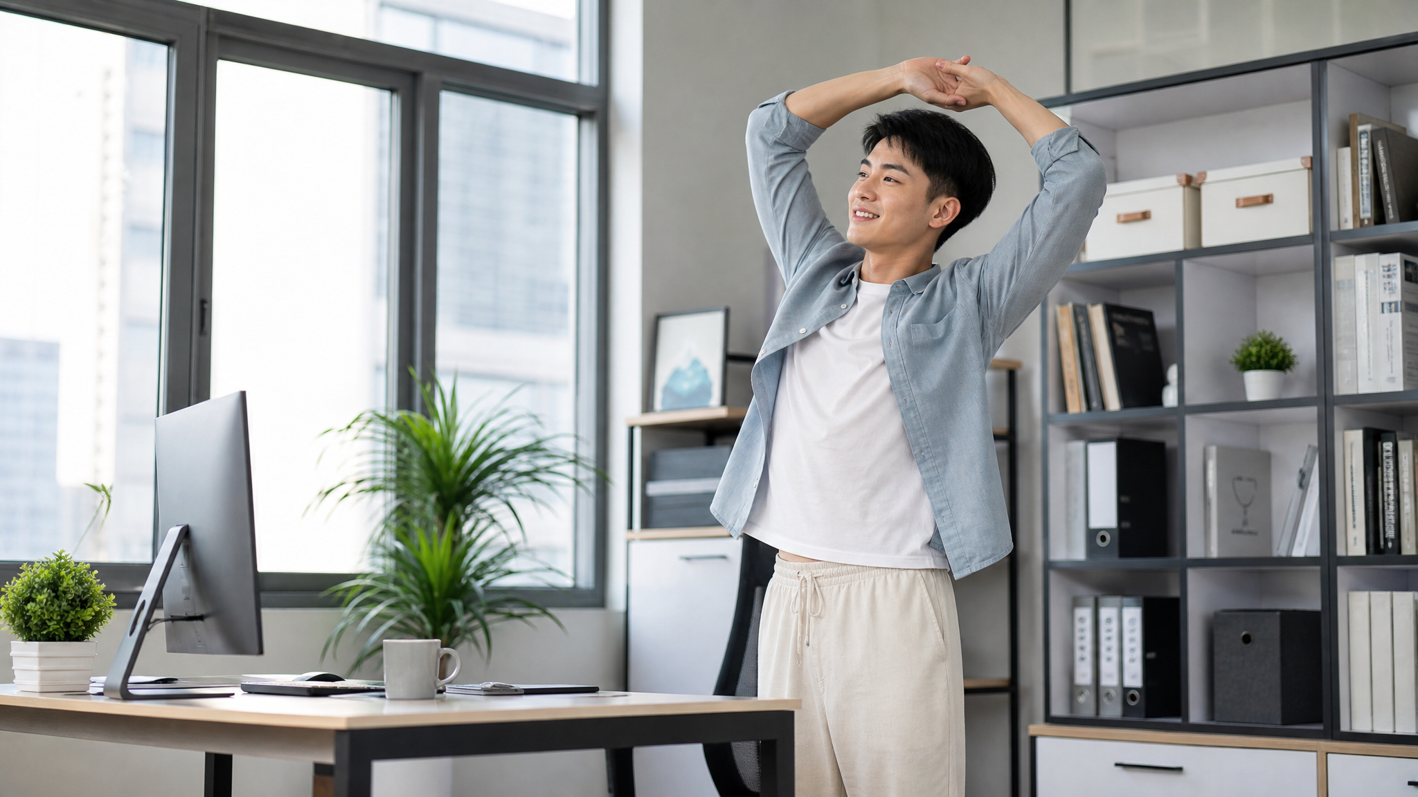 A bright and energetic photorealistic image of a handsome young Chinese man standing up and stretching next to his office desk, wearing comfortable loose cotton trousers and a casual shirt. Natural sunlight coming from a window, fresh and healthy vibe, ultra-detailed, 8k, photography. --ar 3:4