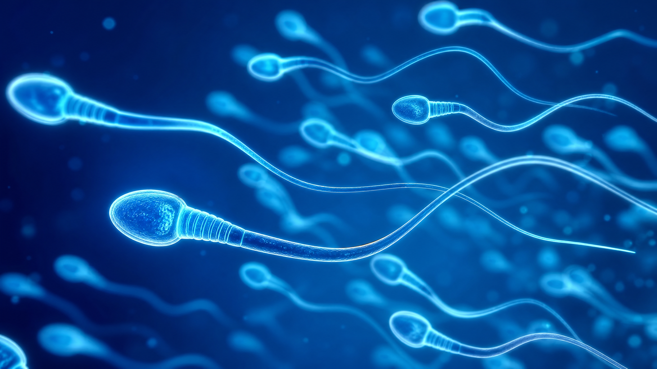 Microscopic view of sperms swimming, Klein blue background, clean technology style, glowing neon edges, 3D render, highly detailed, macro photography, scientific visualization, 8k.