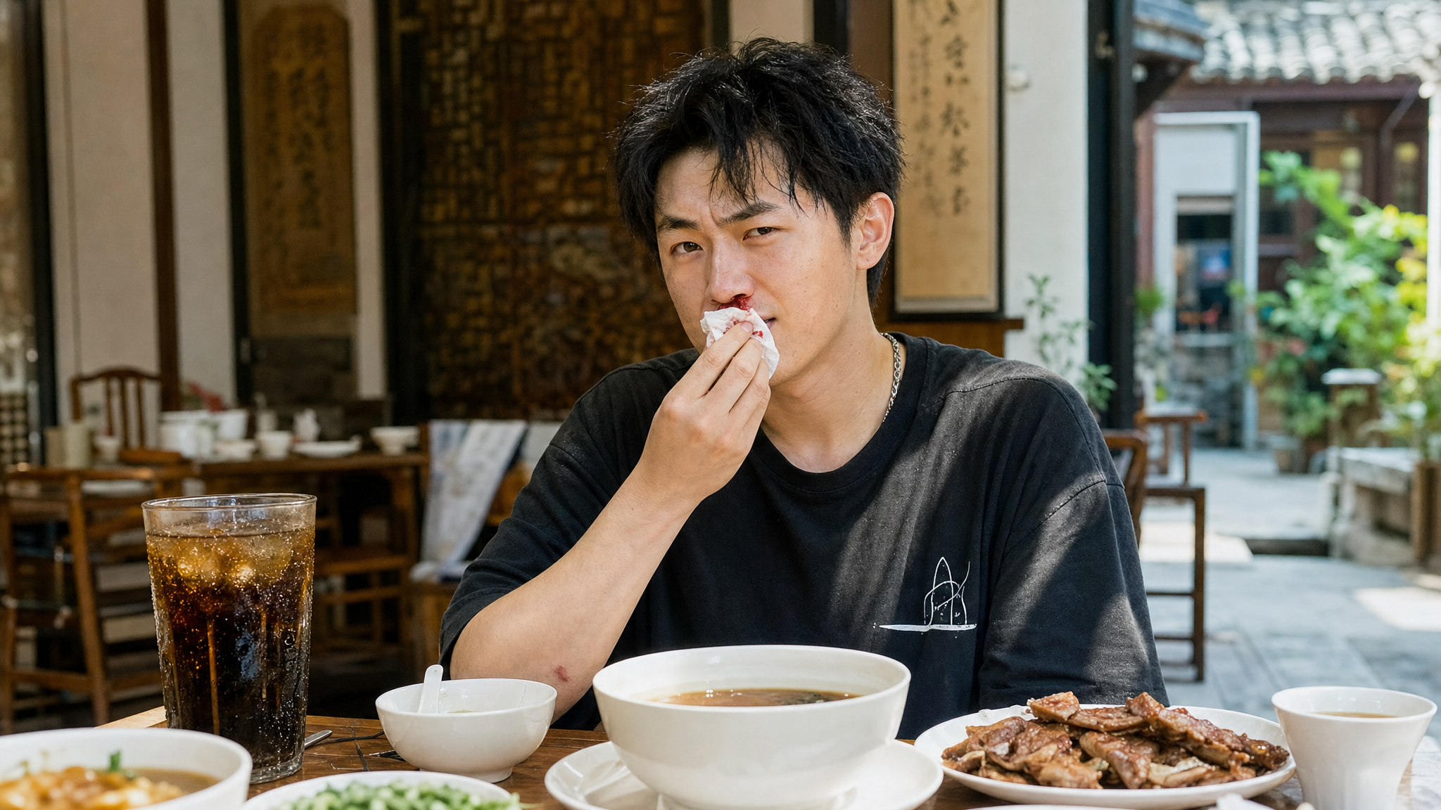 A high-quality realistic photo of a young Chinese man sitting at a dining table, holding a tissue to his bleeding nose with a slightly confused but proud expression. On the table in front of him, there are traditional Chinese medicinal soups, a glass of iced cola, and grilled meat. Summer daylight lighting, bright and slightly warm tones, highly detailed, shot on 35mm lens, cinematic lighting, photorealistic.