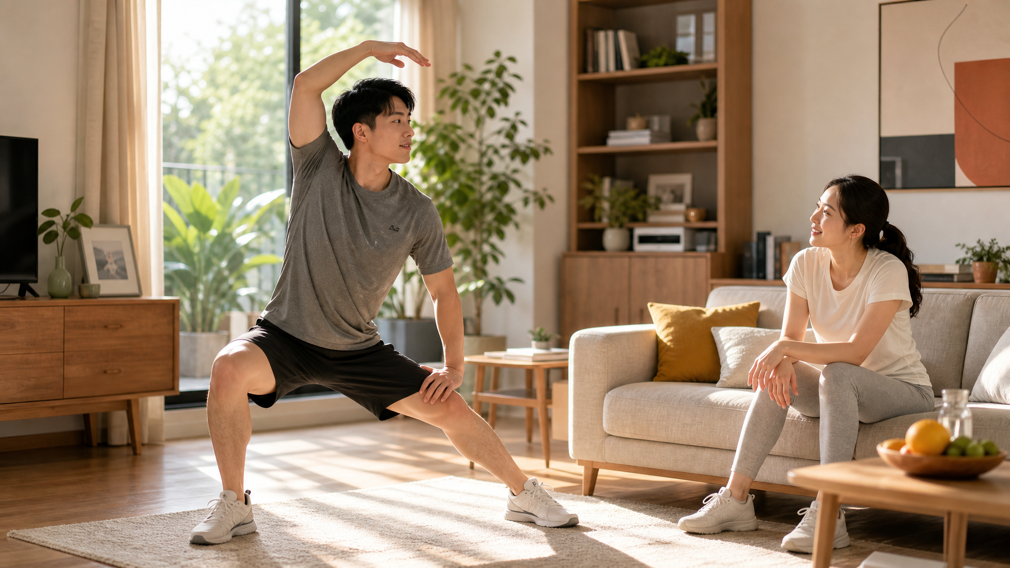 A young Chinese couple in a bright, modern living room. The husband is doing simple stretching exercises, and the wife is looking at him with a happy smile. Sunlight streaming through the window, healthy lifestyle, warm and natural atmosphere, cinematic lighting, photorealistic, 8k.