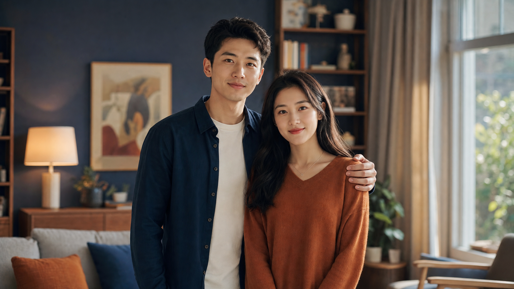 一對(duì)年輕的中國(guó)夫妻站在一起，丈夫溫柔而堅(jiān)定地將手搭在妻子的肩膀上，做出保護(hù)的姿態(tài)，仿佛是她的盾牌。背景是溫馨的現(xiàn)代家居環(huán)境，暖橙色與海軍藍(lán)主色調(diào)，平權(quán)風(fēng)格，充滿安全感與力量感，柔和的自然光，攝影機(jī)視角，高畫質(zhì)。