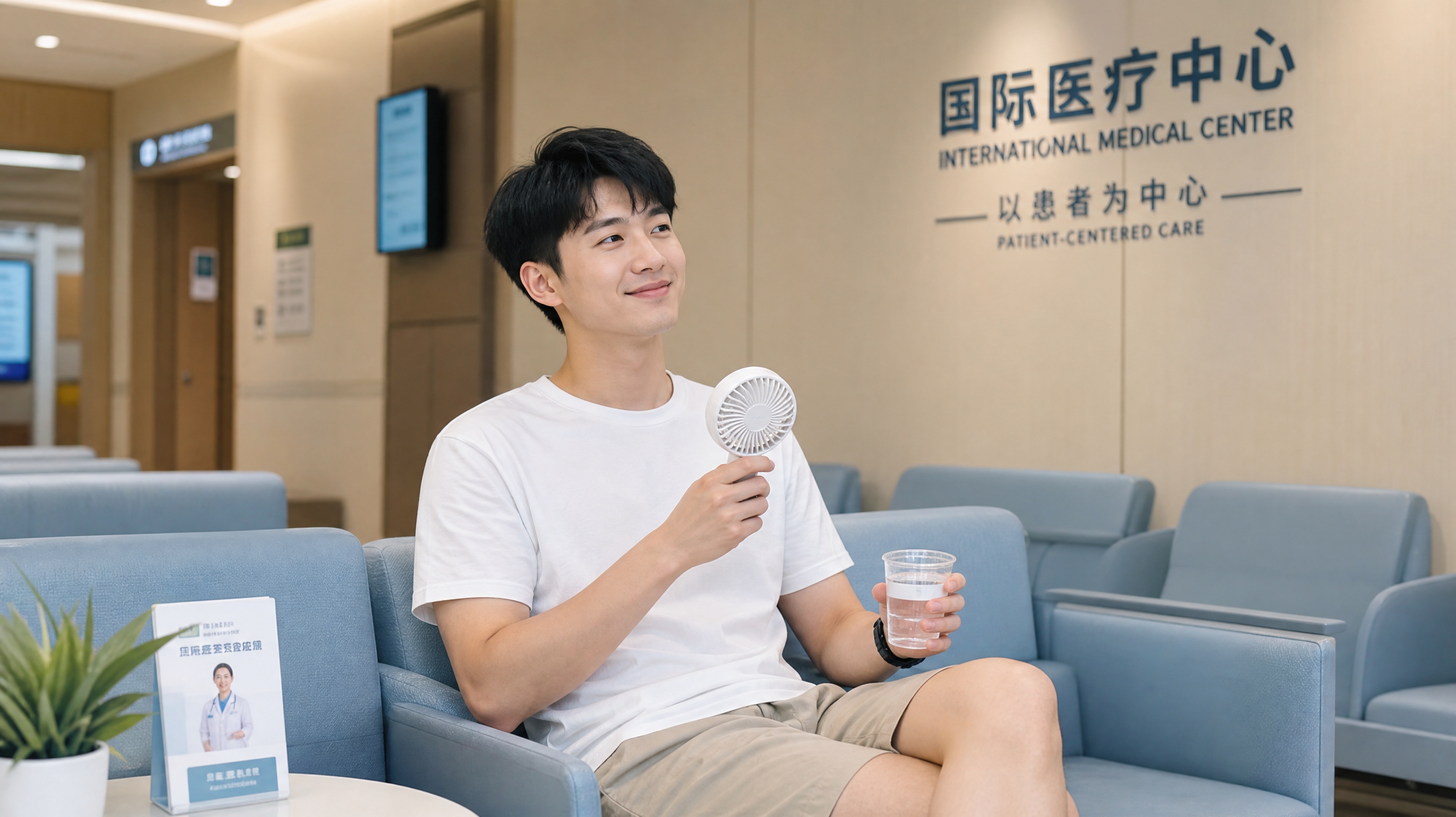 A bright, clean, and modern hospital waiting area. A handsome young Chinese man wearing comfortable, breathable summer casual clothes (like a cotton t-shirt) is sitting relaxed, holding a cup of water and a small portable fan. He looks calm and stress-free. Soft indoor lighting, professional photography, high detail, reassuring and private medical environment. --ar 3:4