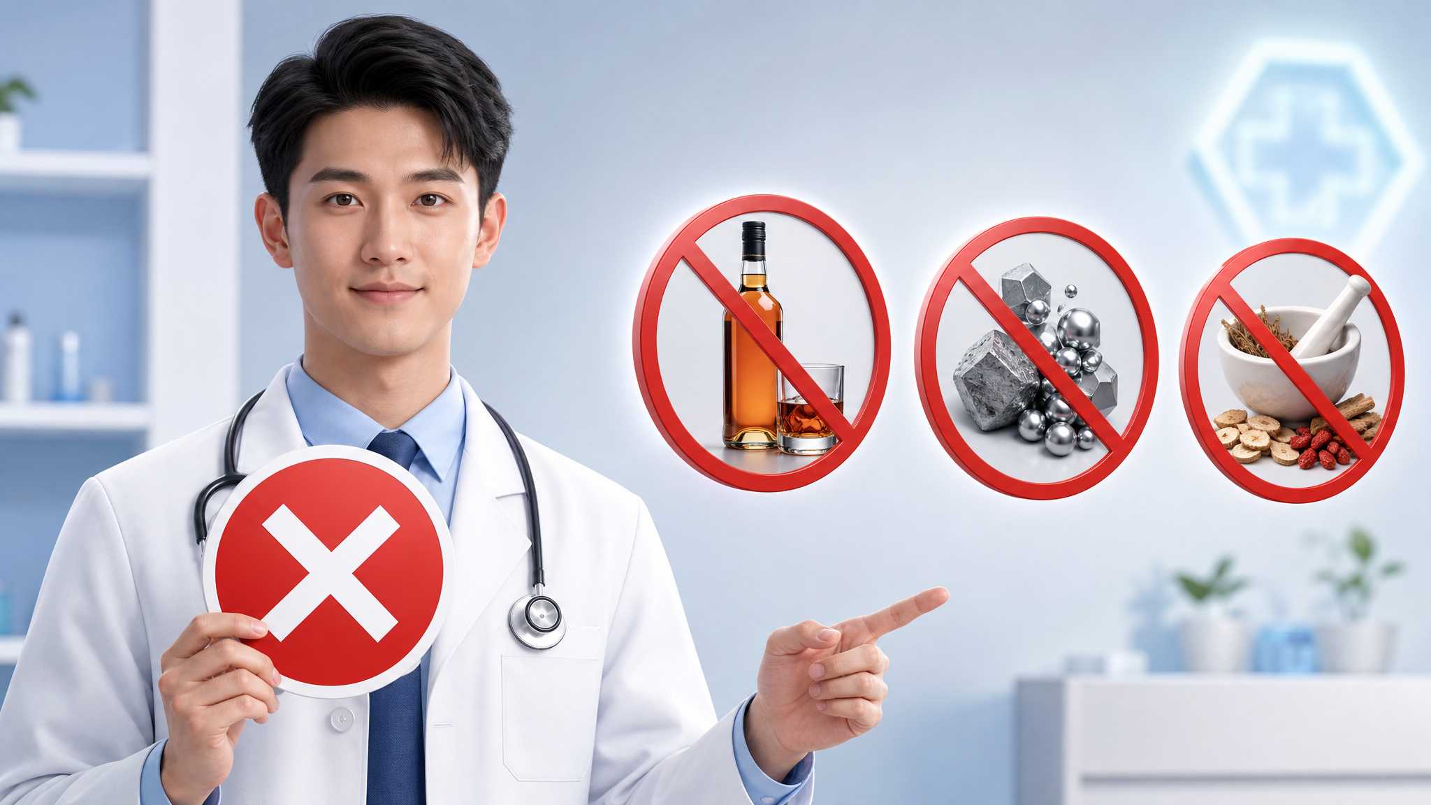 A professional and modern medical warning illustration. A handsome young Chinese male doctor wearing a white coat, holding a red warning sign with a highly visible 