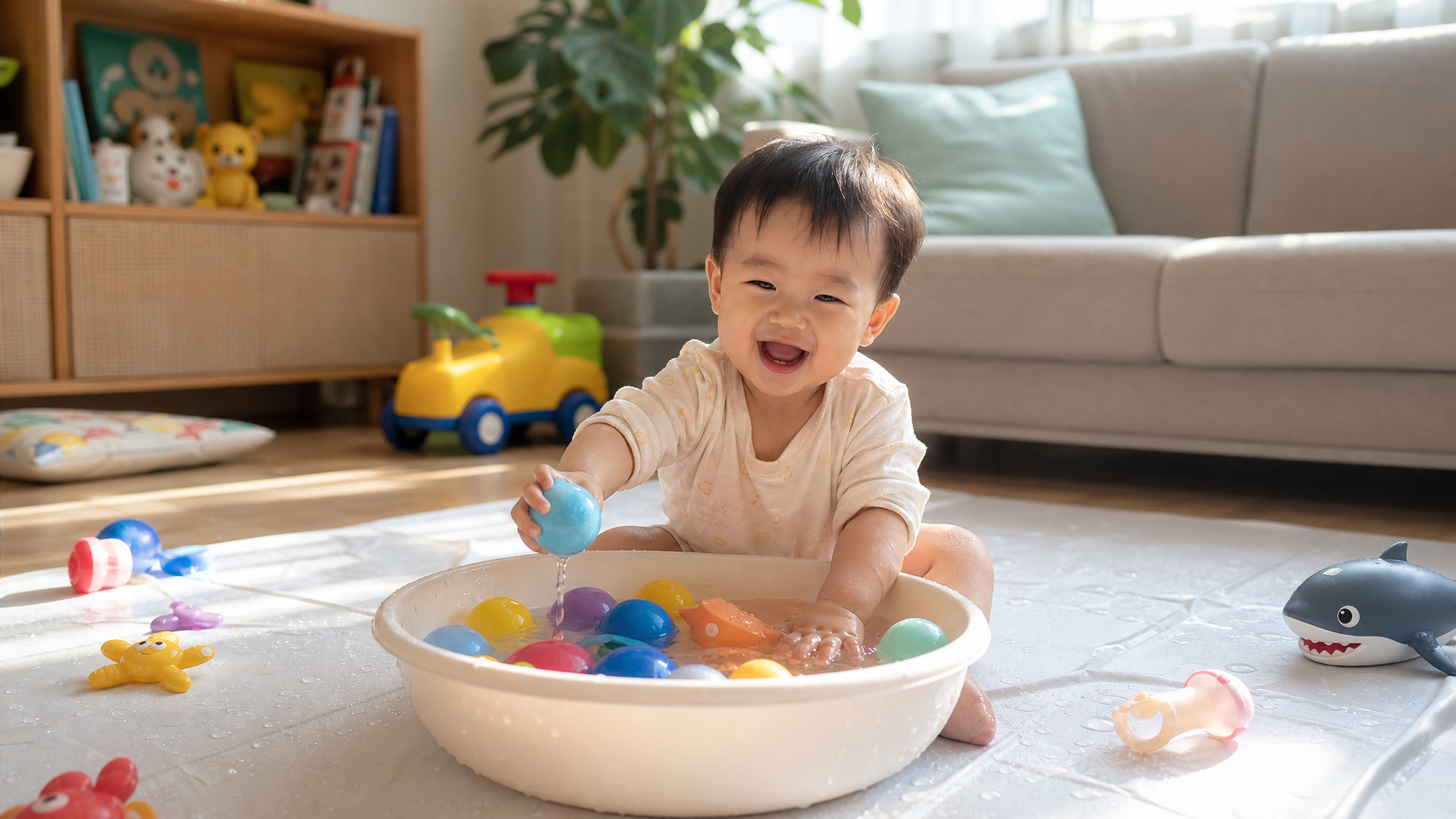 A cute 1-year-old Chinese baby sitting on a waterproof mat in a bright, cozy living room, playing happily with a small basin of water filled with colorful plastic ocean balls. Natural sunlight streaming through the window, soft lighting, photorealistic, 8k resolution, shot on 35mm lens, joyful atmosphere. --ar 3:4