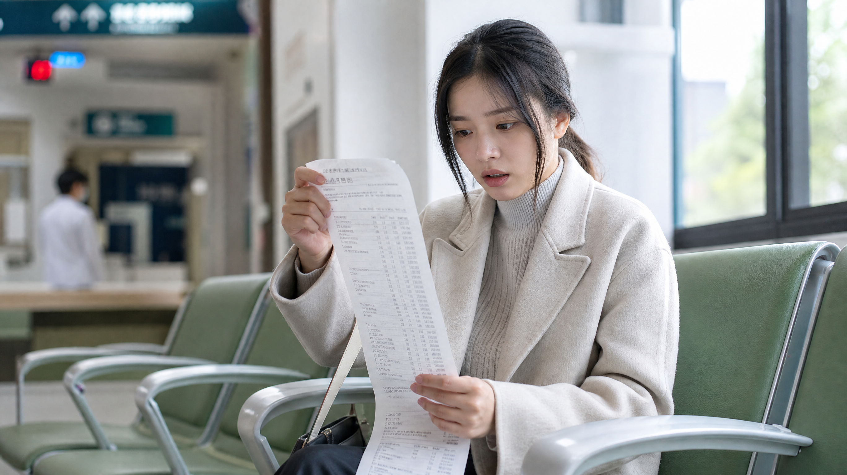 A medium shot of a young Chinese woman sitting in a modern, brightly lit hospital waiting area. She is holding a long medical bill in her hands, looking slightly surprised and anxious. Soft natural light coming from a large window. High resolution, realistic photography, cinematic lighting, shot on 85mm lens. --ar 3:4 --style raw --v 6.0