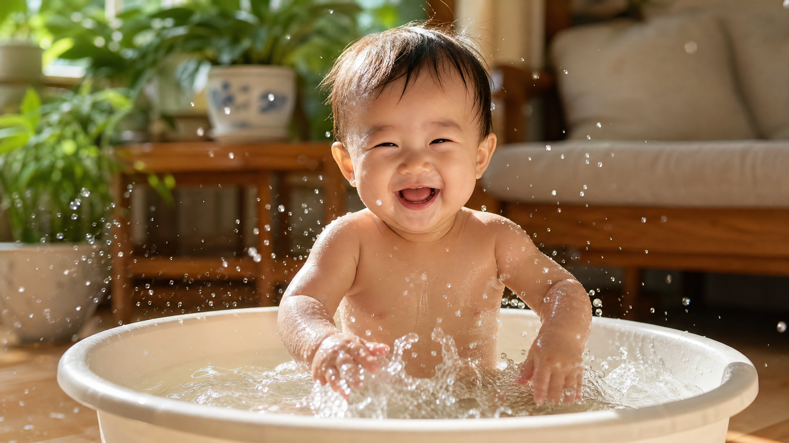 A cute 1-year-old Chinese baby playing with water in a shallow basin at home, splashing water with tiny hands, joyful expression, natural sunlight from window, cozy living room background, bright and warm color palette, photorealistic, 8k resolution, shot on 35mm lens --ar 3:4