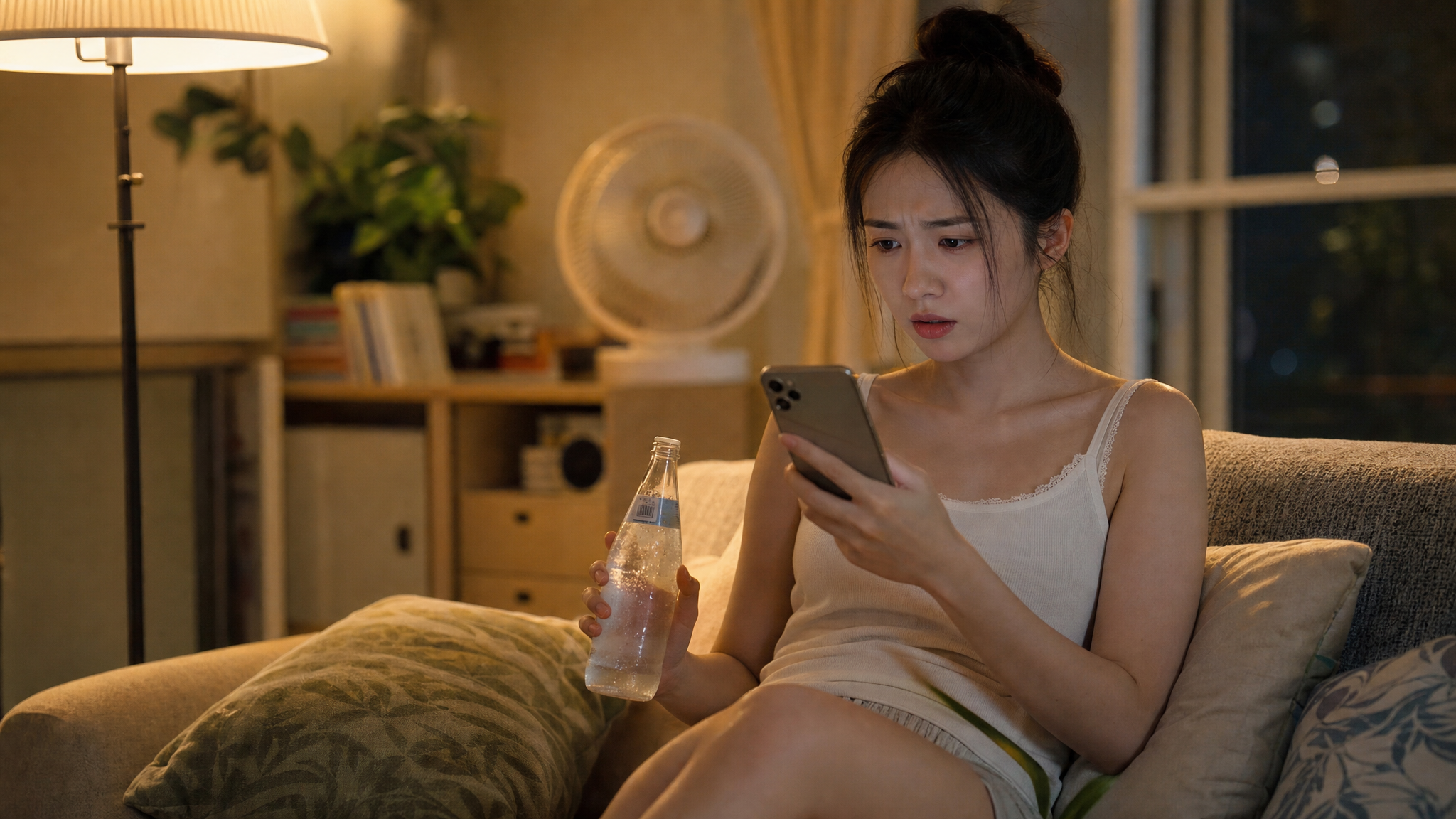 A young and beautiful Chinese woman sitting on a cozy sofa in a warm-lit living room during a hot summer night. She is holding a bottle of sparkling soda water in one hand and looking at her smartphone screen with a confused and hesitant expression. Realistic style, cinematic lighting, highly detailed, 8k resolution, shot on 35mm lens.