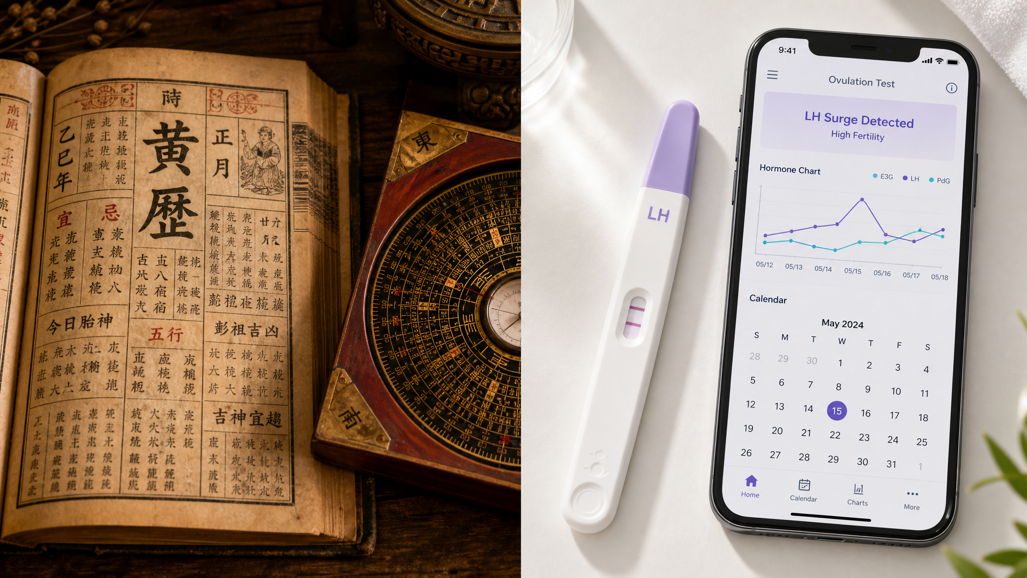 A creative split-screen conceptual photography. On the left side, an old traditional Chinese almanac (Huangli) and a Feng Shui compass on a wooden table, with dim warm lighting. On the right side, a modern digital ovulation test showing two clear lines (LH surge) and a smartphone displaying a scientific fertility tracking app, bright clean lighting. High quality, realistic, 8k, photorealistic.