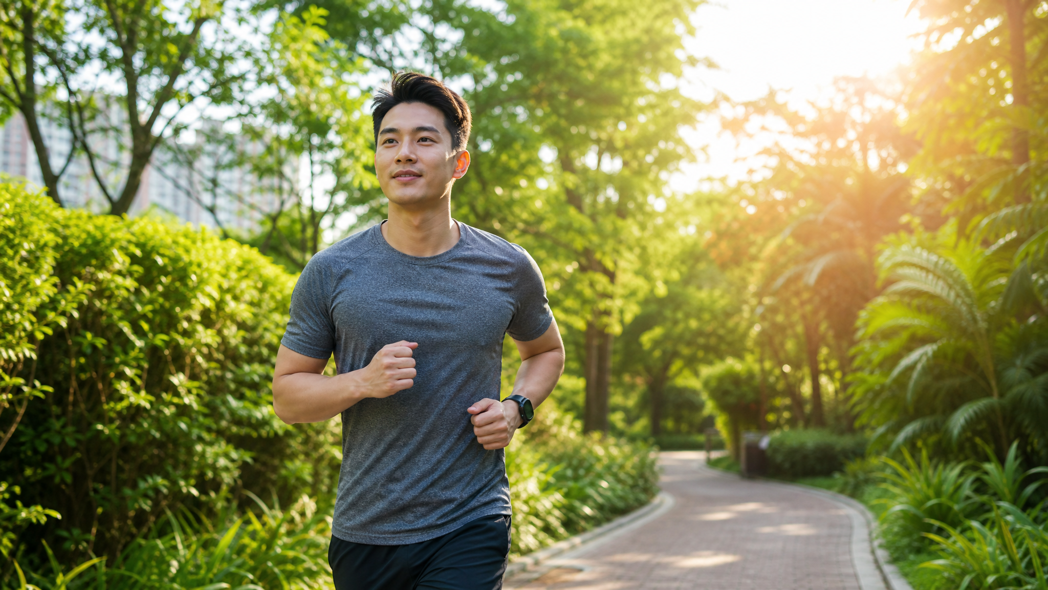 A fit young Chinese man jogging in a sunny green park, wearing breathable sportswear, healthy and energetic lifestyle for future father, bright sunlight, lens flare, photorealistic, photography, 8k --ar 3:4