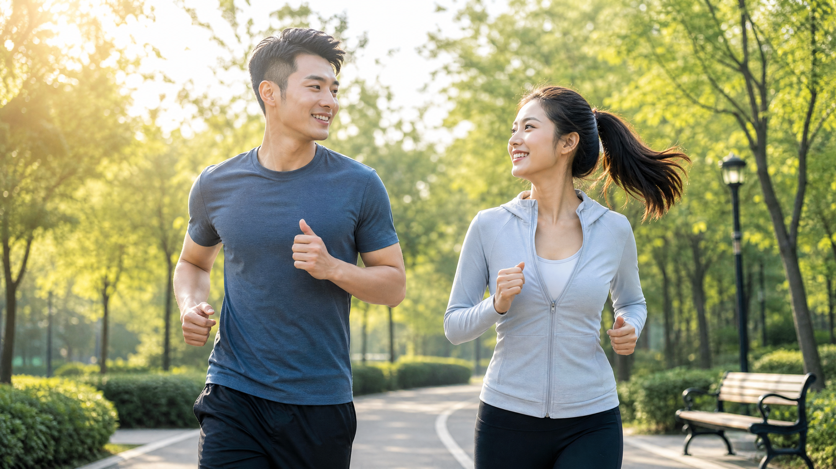 A bright, warm lifestyle photography of a young, healthy Chinese couple jogging together in a sunny green park in the morning. Wearing stylish sportswear, smiling, energetic, portraying a healthy lifestyle and routine. Soft morning sunlight, high quality, 8k, photorealistic.