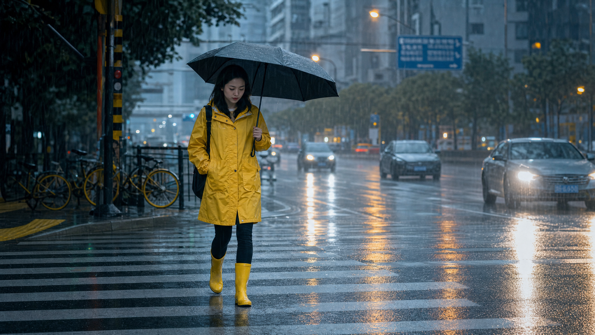 A high-quality realistic photo of a young Chinese woman commuting in heavy rain, wearing a stylish raincoat and anti-slip rain boots, holding an umbrella. She is walking carefully on a wet street. Cinematic lighting, cool grayish-blue tones with a pop of lemon yellow for safety feeling, 8k resolution, highly detailed, photorealistic.