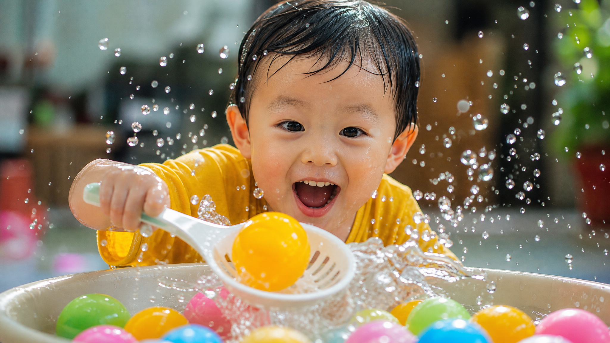 Close-up shot of a adorable Chinese toddler holding a plastic slotted spoon, excitedly scooping up a bright yellow ocean ball from a basin of splashing water. High-speed photography capturing water droplets in the air, vibrant colors, sharp focus, bright indoor lighting, highly detailed, joyful expression, Midjourney style. --ar 3:4