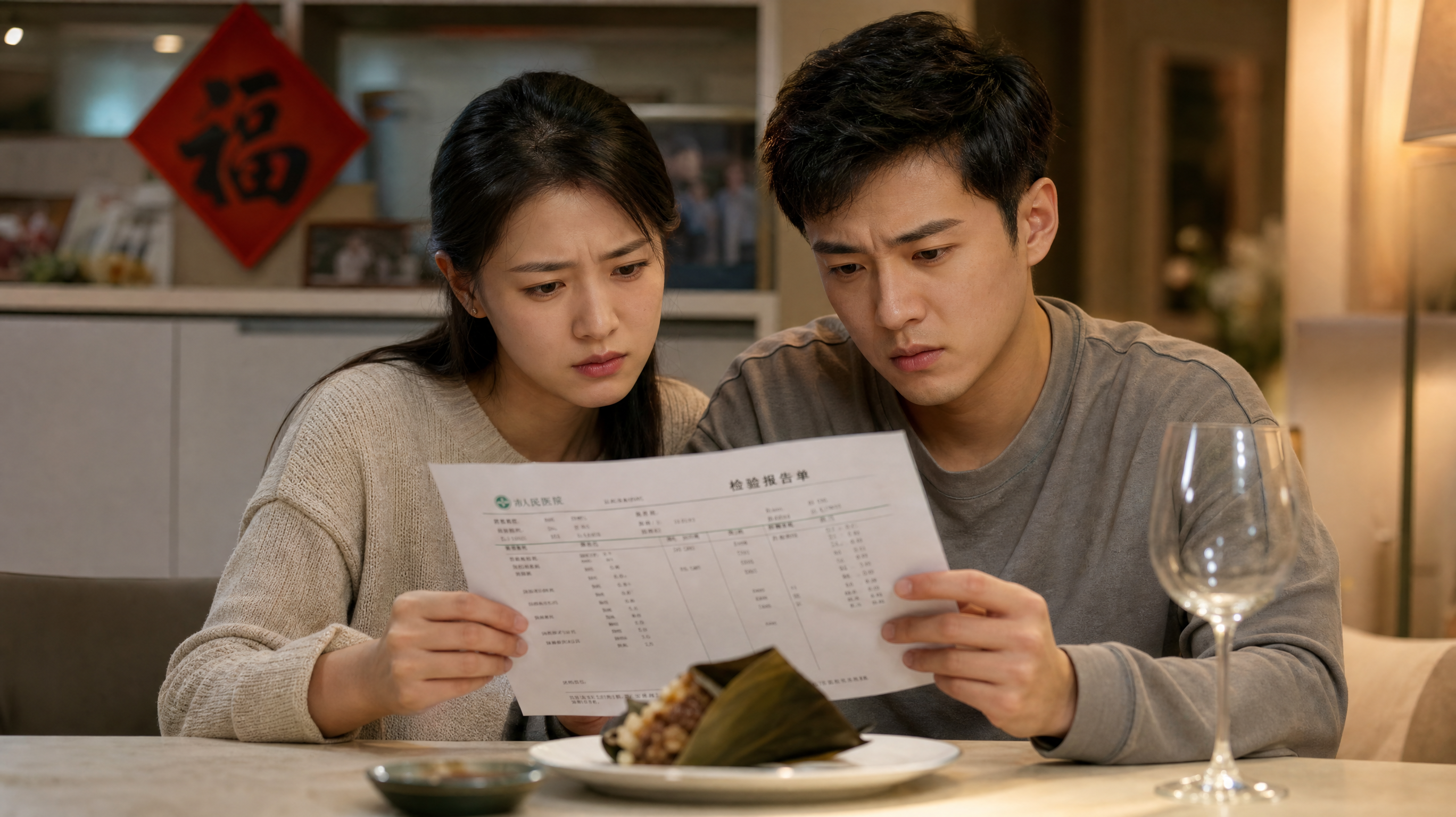 A young Chinese couple sitting at a bright dining table, looking anxiously at a medical exam report in their hands. On the table, there is a half-eaten Zongzi (rice dumpling) and an empty wine glass. Warm indoor lighting, soft cinematic cinematic lighting, realistic photography, 8k resolution, highly detailed faces, conveying a slight feeling of worry but in a cozy home environment.