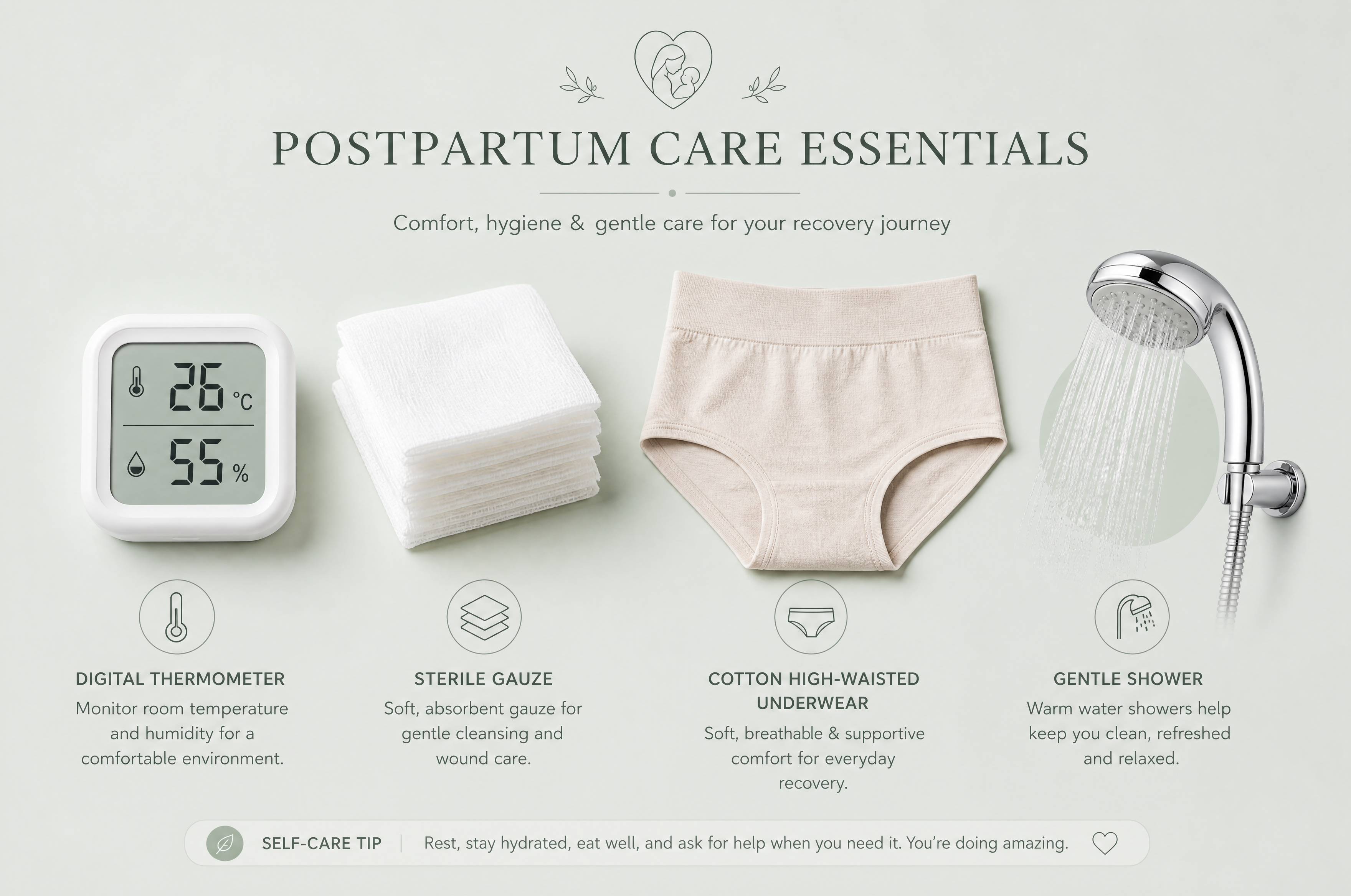 A clean, medical-style flat lay illustration showing postpartum care essentials on a light grey-green background. Items include a digital thermometer showing 26 degrees Celsius and 55% humidity, a stack of sterile white gauze, soft cotton high-waisted underwear, and a gentle shower head icon. Minimalist, professional, soft lighting, UI/UX style, high resolution.