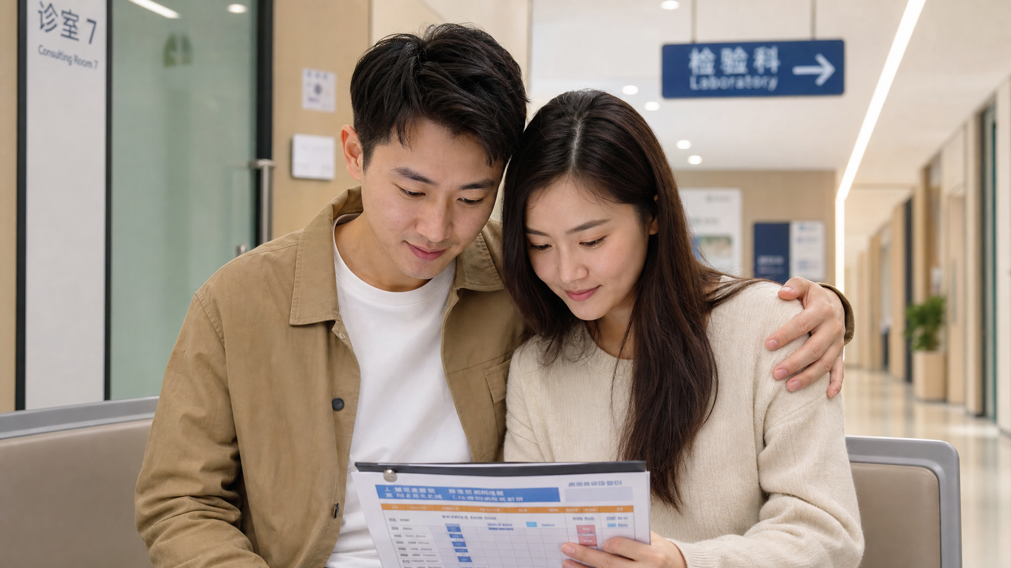 A caring young Chinese couple in a modern clinic, the husband gently putting his arm around his wife's shoulder, looking at a medical schedule together. Supportive and warm atmosphere, bright indoor lighting, realistic photography, highly detailed, 8k.