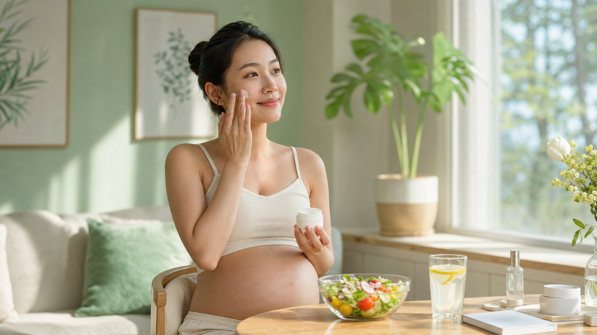 A beautiful young Chinese pregnant woman in comfortable light-colored summer homewear, smiling gently while applying hydrating skincare. On the table in front of her is a fresh summer salad and a glass of lemon water. Bright natural sunlight coming through the window, fresh mint green tones, clean and cozy home environment, realistic photography, soft cinematic lighting, 85mm lens, photorealistic, 8k resolution --ar 3:4