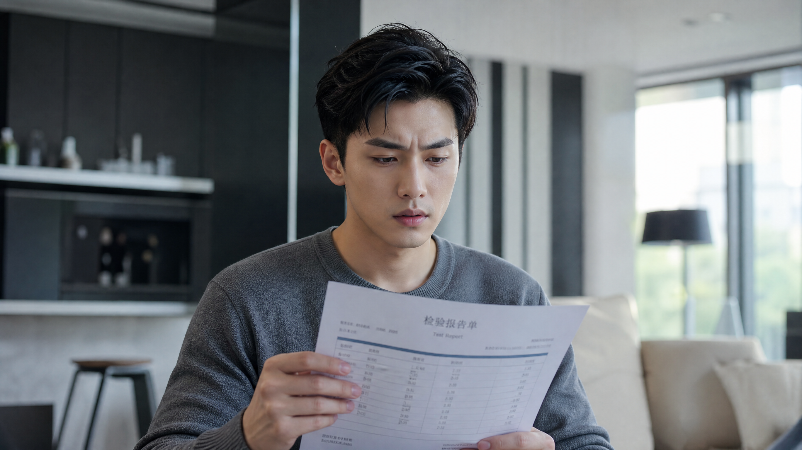 A young handsome Chinese man holding a medical report paper, looking slightly confused but focused, sitting in a bright modern living room, soft natural lighting, cinematic lighting, cold tech tone, high resolution, 8k, photorealistic, Midjourney style --ar 3:4