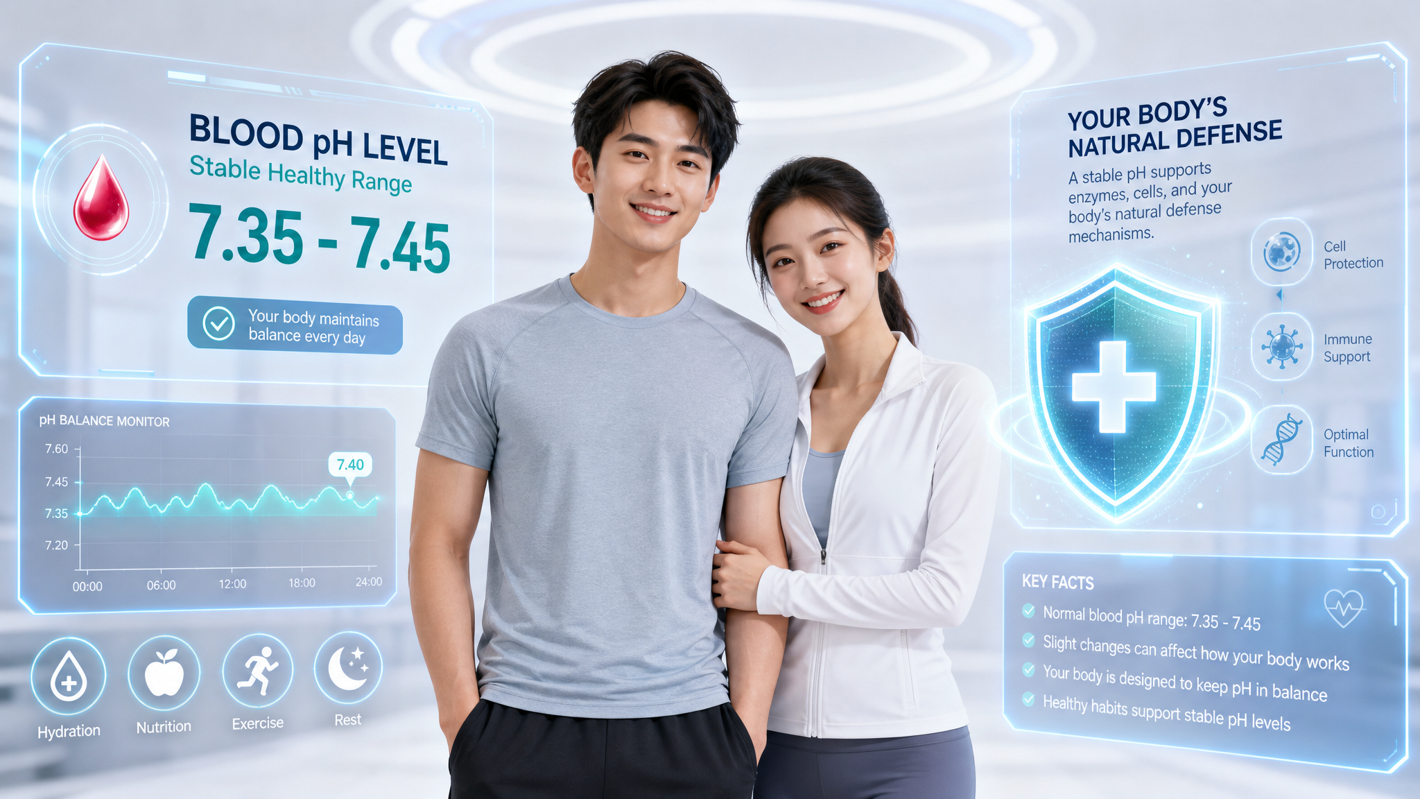 A high-quality, modern infographic style illustration featuring a healthy young Chinese couple standing together. Around them are glowing, futuristic medical UI elements showing a stable blood pH level of 