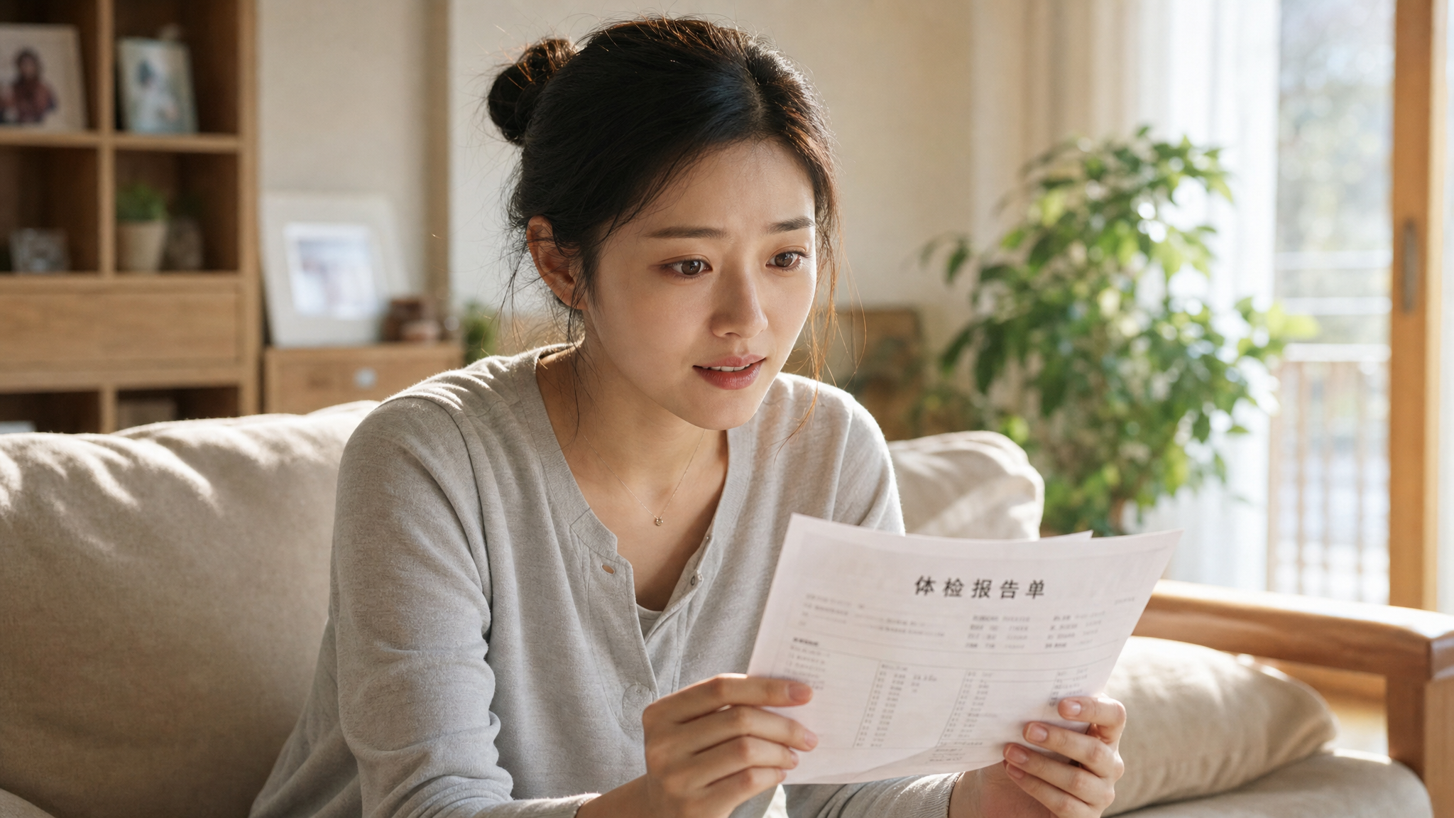 A young Chinese woman sitting on a cozy living room sofa, holding a medical report. She has a slightly anxious expression but her eyes show hope. Sunlight streams through the window, cinematic lighting, soft tones, high resolution, photorealistic, 8k.