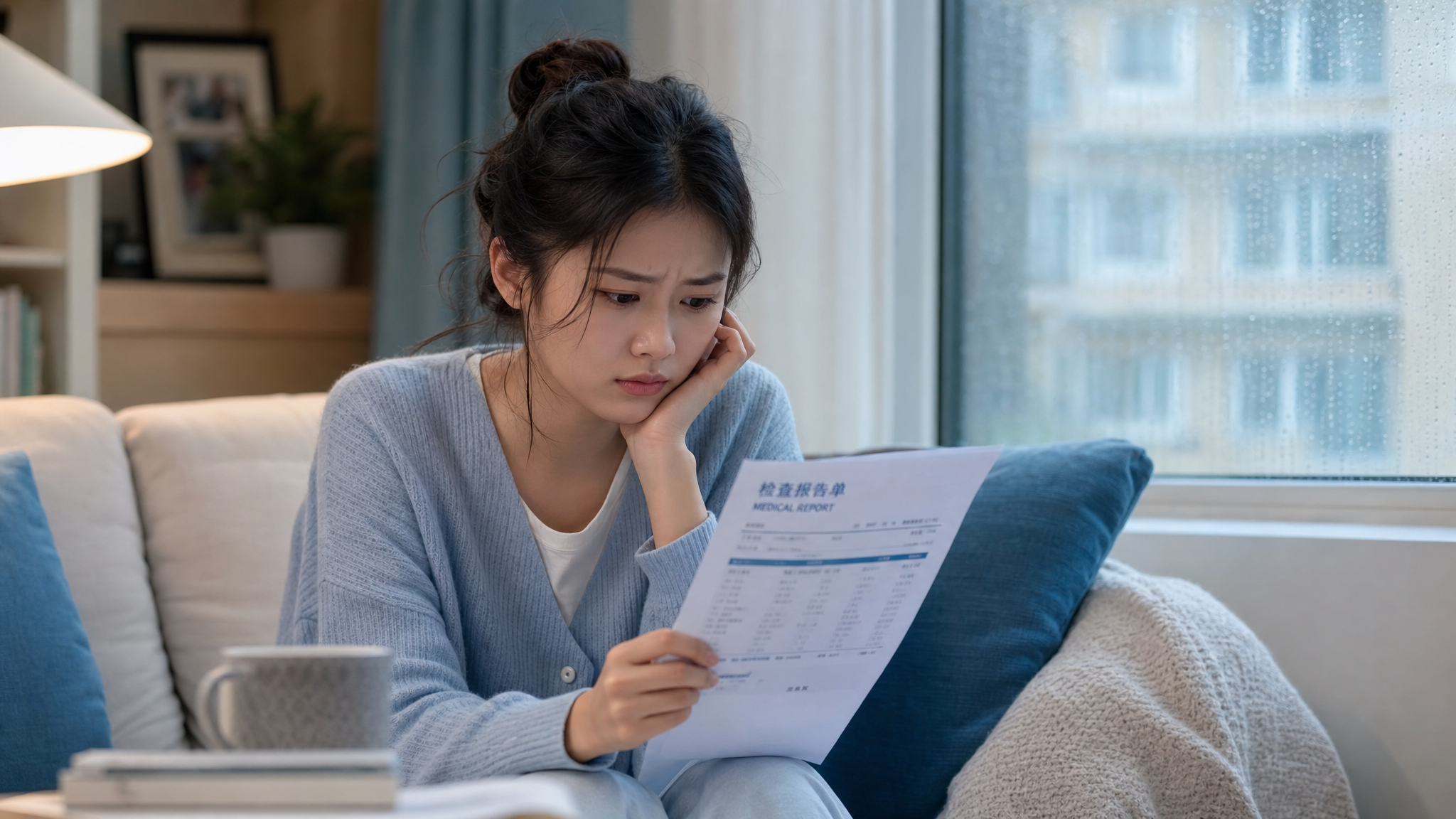 A high-quality lifestyle photography of a young Chinese woman sitting on a cozy sofa by the window on a rainy day, looking slightly worried and looking at a medical report in her hand. Soft natural light, shallow depth of field, warm and clean tones, light blue and white color palette, realistic, 8k resolution, shot on 35mm lens. --ar 3:4